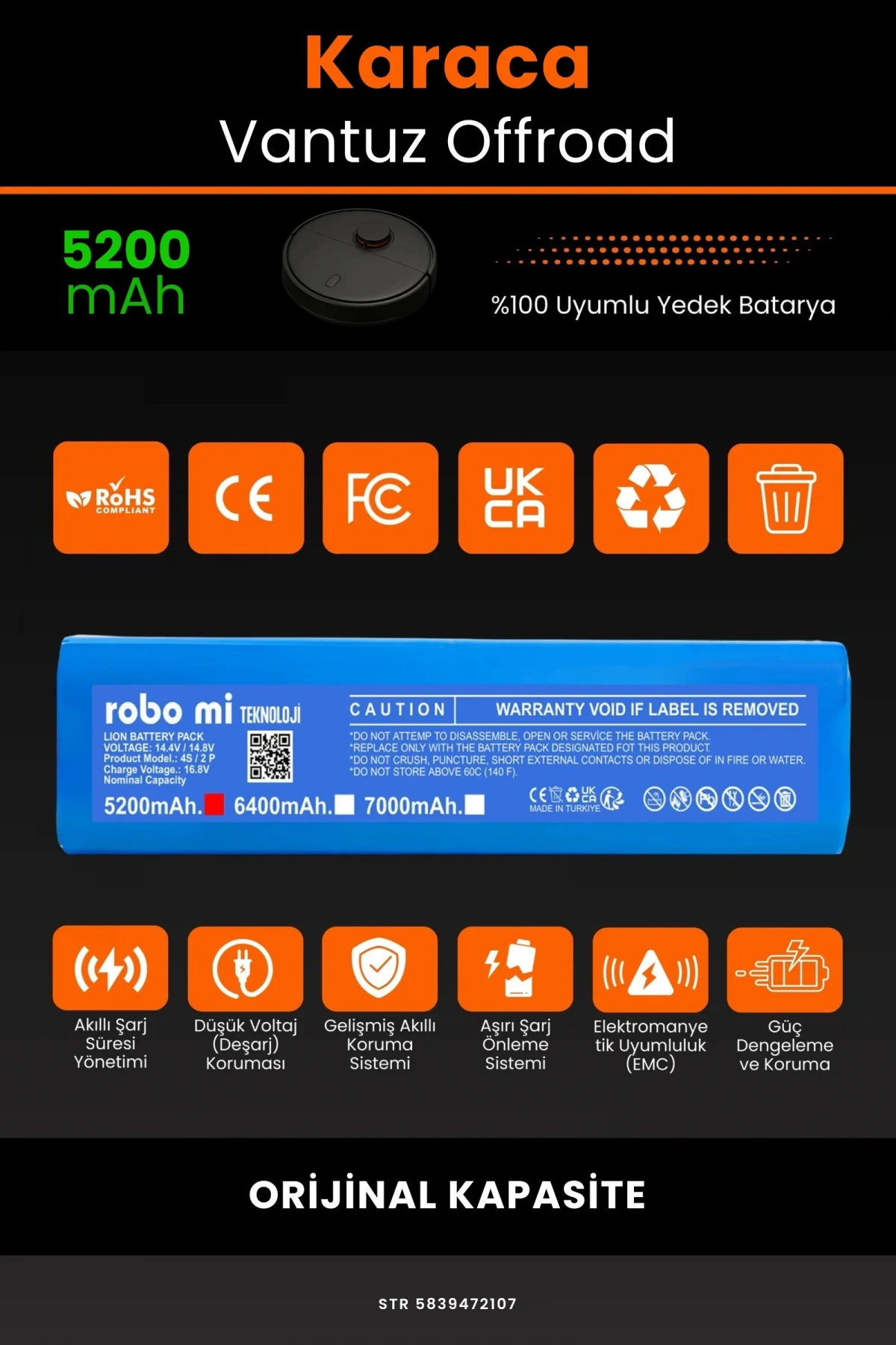 Karaca Vantuz Offroad 5200mAh Robot Süpürge Bataryası - Gerçek Kapasite, Maksimum Güvenlik
