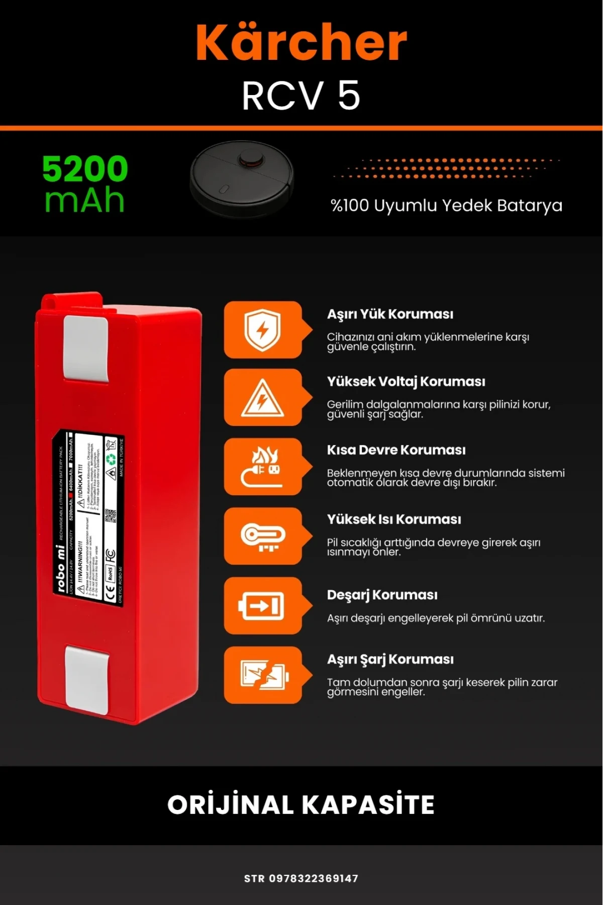 Kärcher RCV 5 Uyumlu 5200mAh Robot Süpürge Batarya Modülü - Orijinal Kapasite - BOX