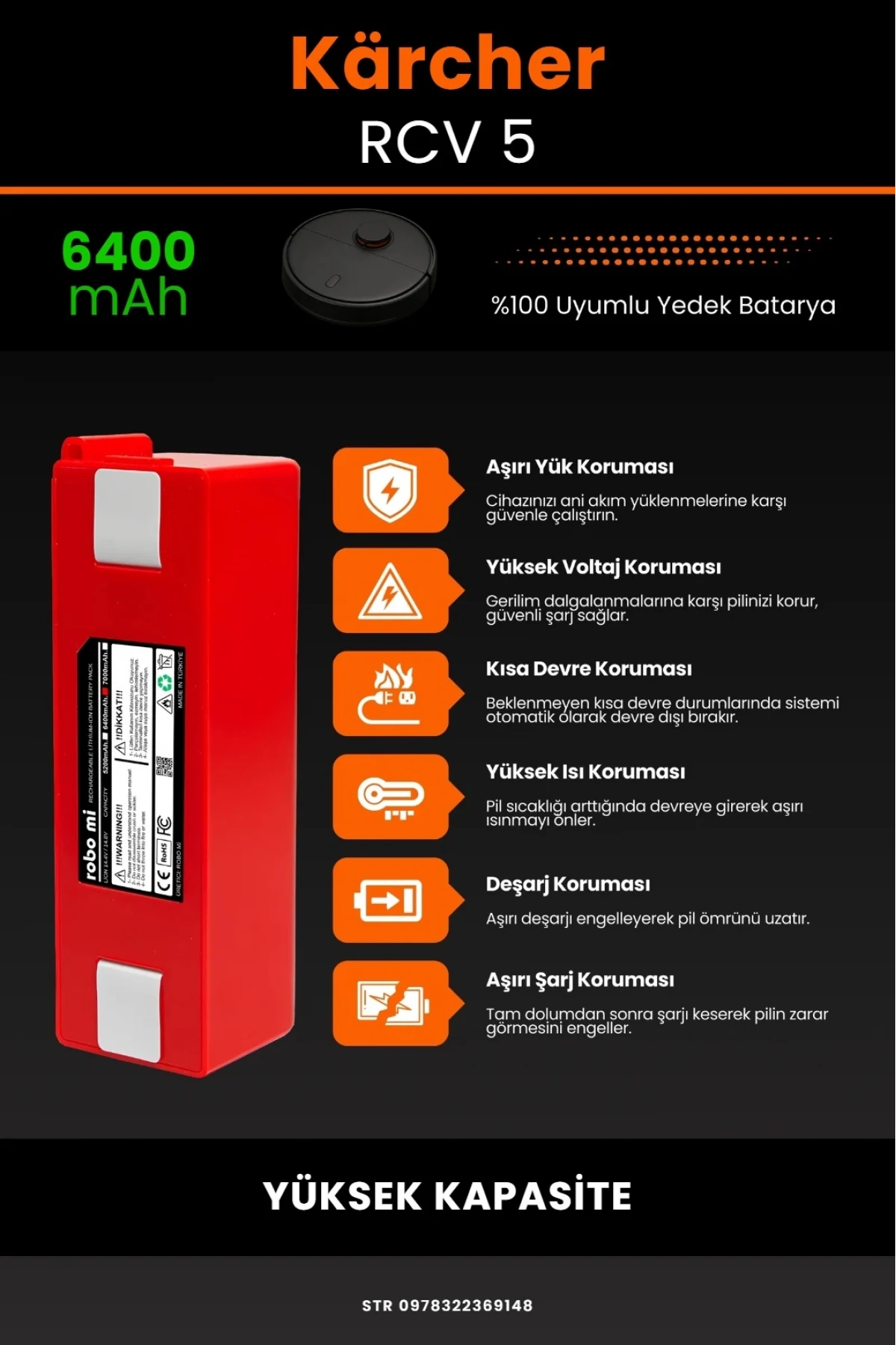 Kärcher RCV 5 Uyumlu 6400mAh Robot Süpürge Batarya Modülü - Yüksek Kapasite - BOX