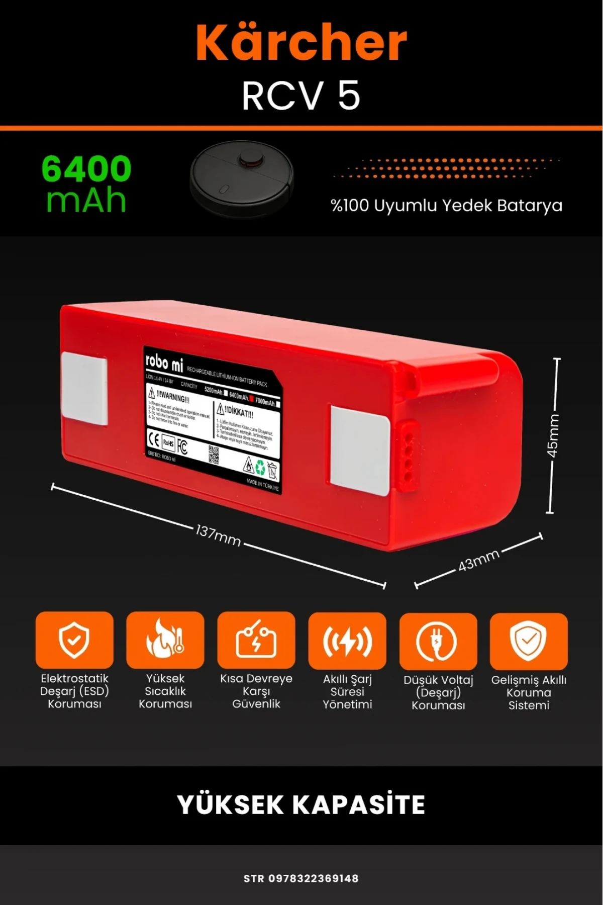 Kärcher RCV 5 Uyumlu 6400mAh Robot Süpürge Batarya Modülü - Yüksek Kapasite - BOX