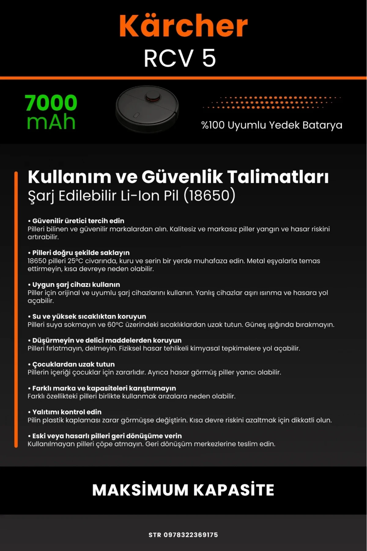 Kärcher RCV 5 Uyumlu 7000mAh Robot Süpürge Batarya Modülü - Maksimum Kapasite - Kutusuz Model