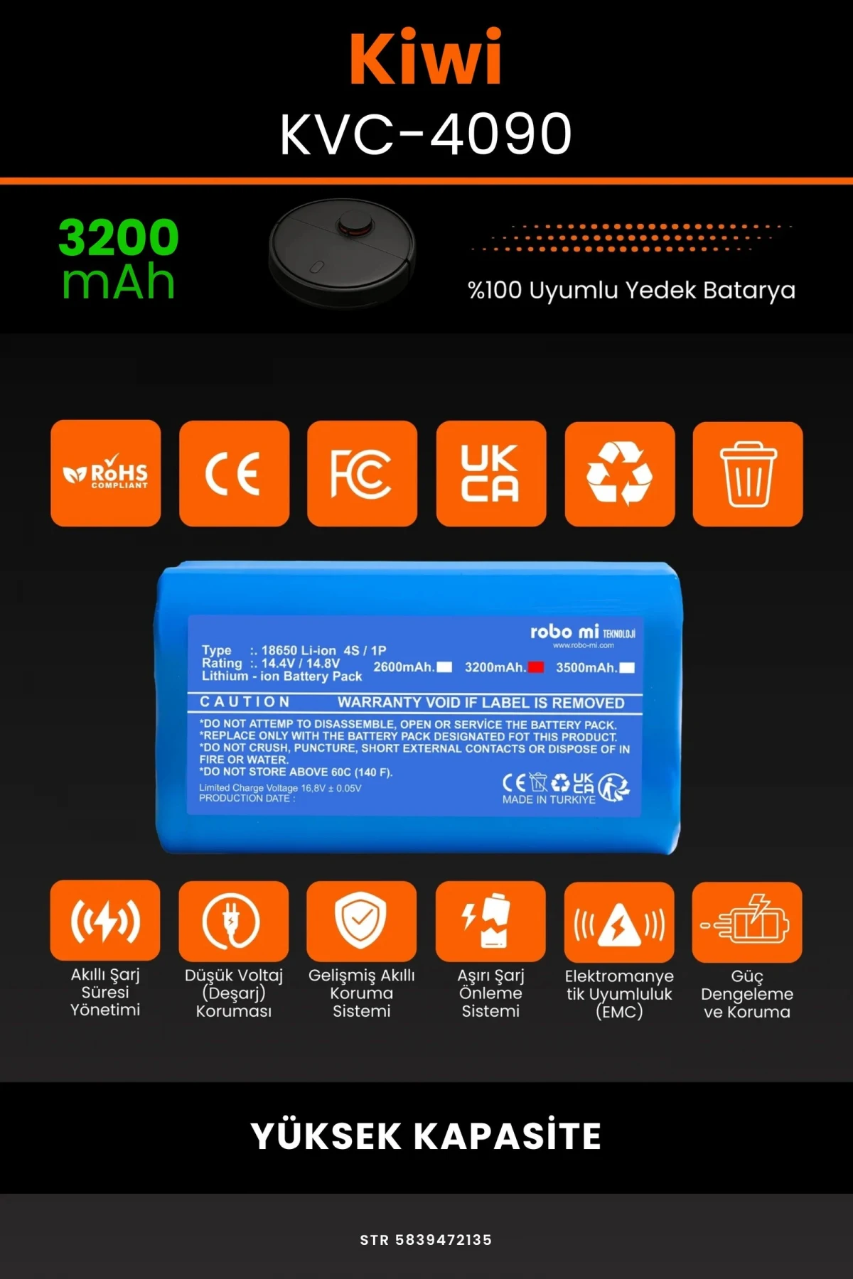 Kiwi KVC-4090 3200mAh Robot Süpürge Bataryası - Gerçek Kapasite, Maksimum Güvenlik
