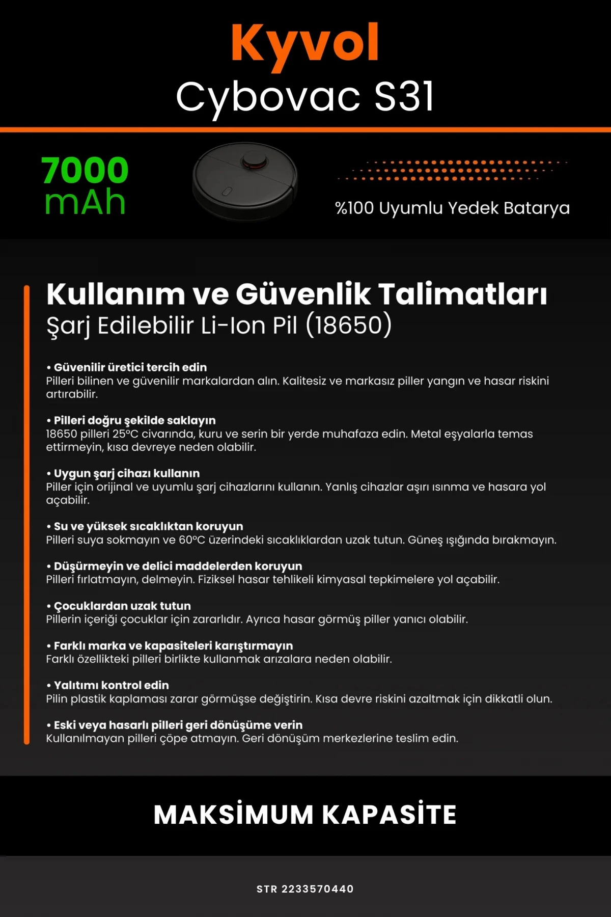 Kyvol Cybovac S31 7000mAh Robot Süpürge Bataryası - Gerçek Kapasite, Maksimum Güvenlik