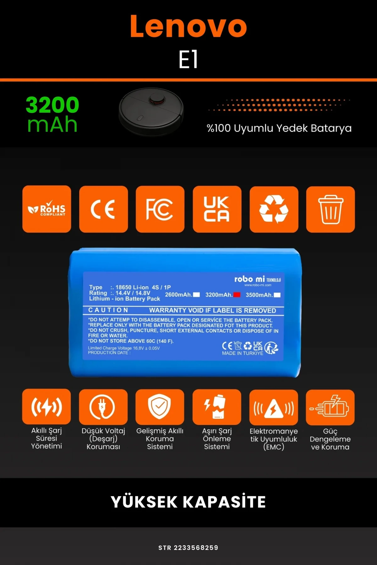 Lenovo E1 3200mAh Robot Süpürge Bataryası - Gerçek Kapasite, Maksimum Güvenlik