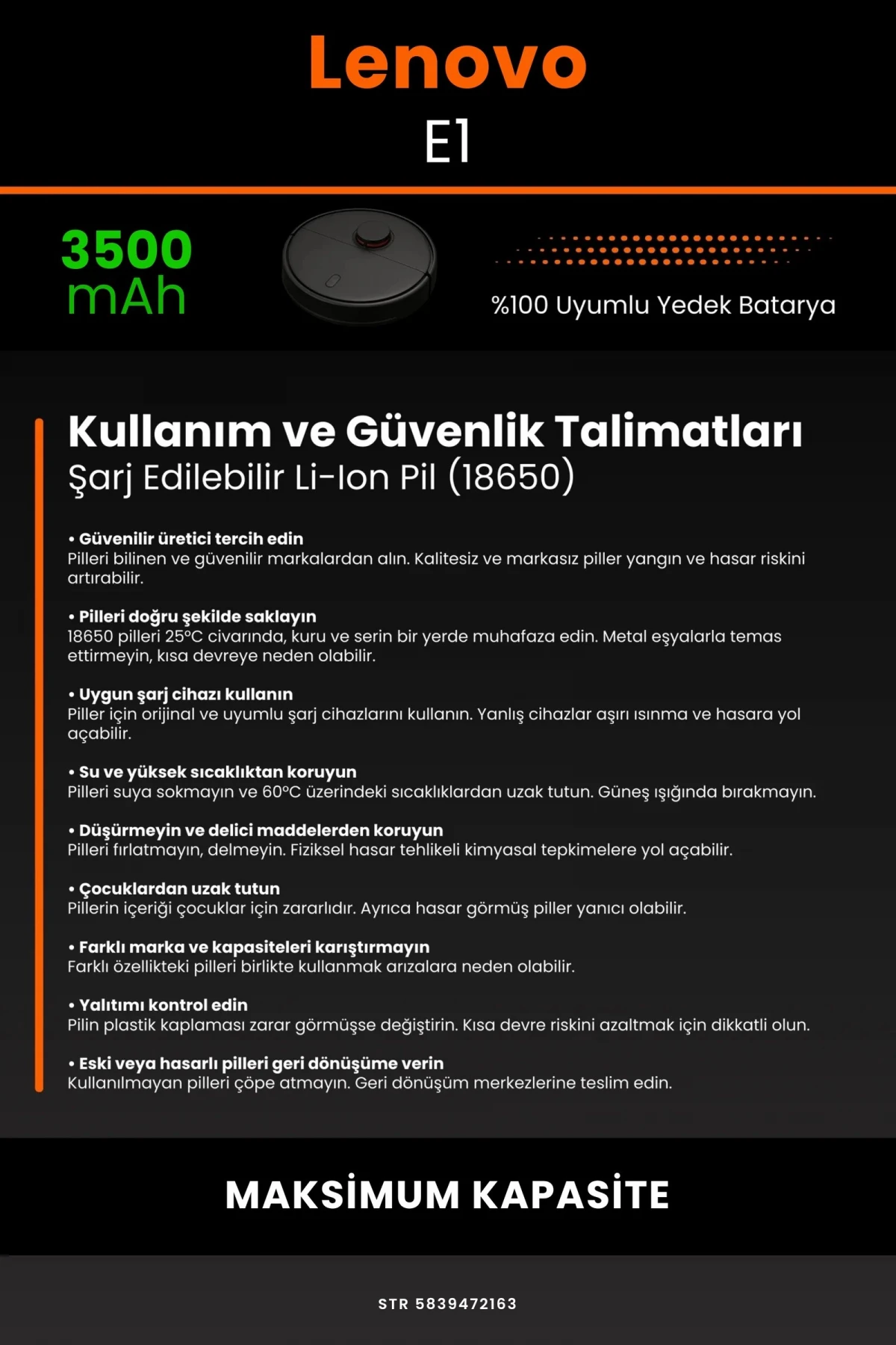 Lenovo E1 3500mAh Robot Süpürge Bataryası - Gerçek Kapasite, Maksimum Güvenlik