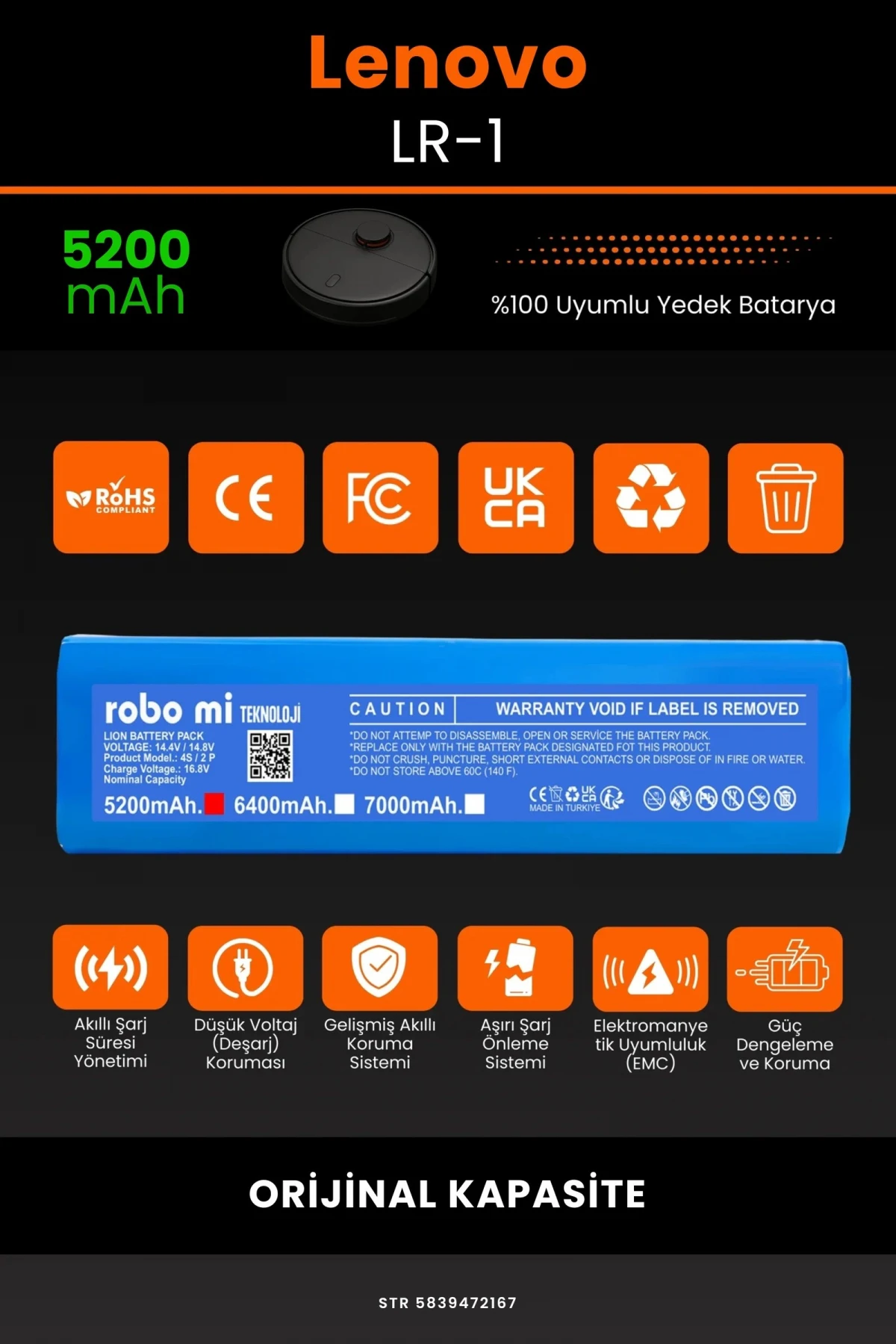 Lenovo LR-1 5200mAh Robot Süpürge Bataryası - Gerçek Kapasite, Maksimum Güvenlik