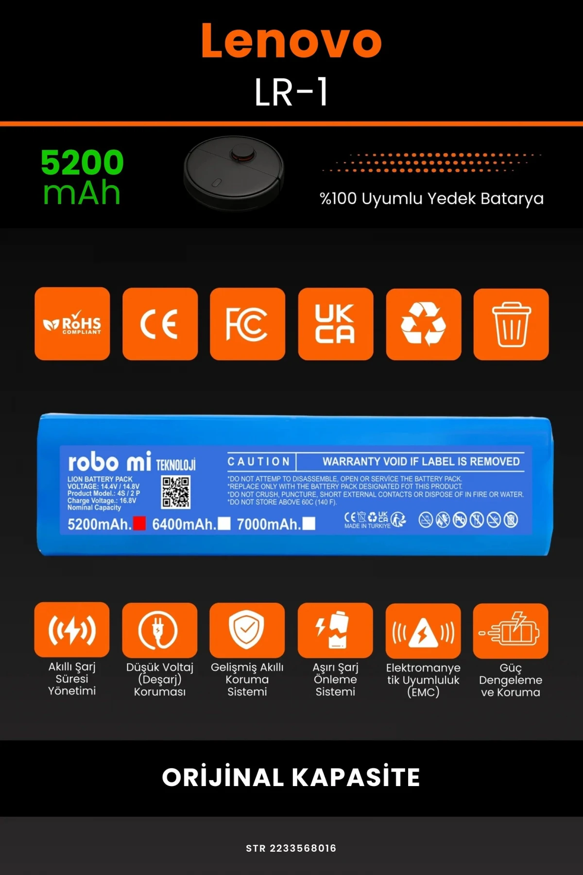 Lenovo LR-1 5200mAh Robot Süpürge Bataryası - Gerçek Kapasite, Maksimum Güvenlik
