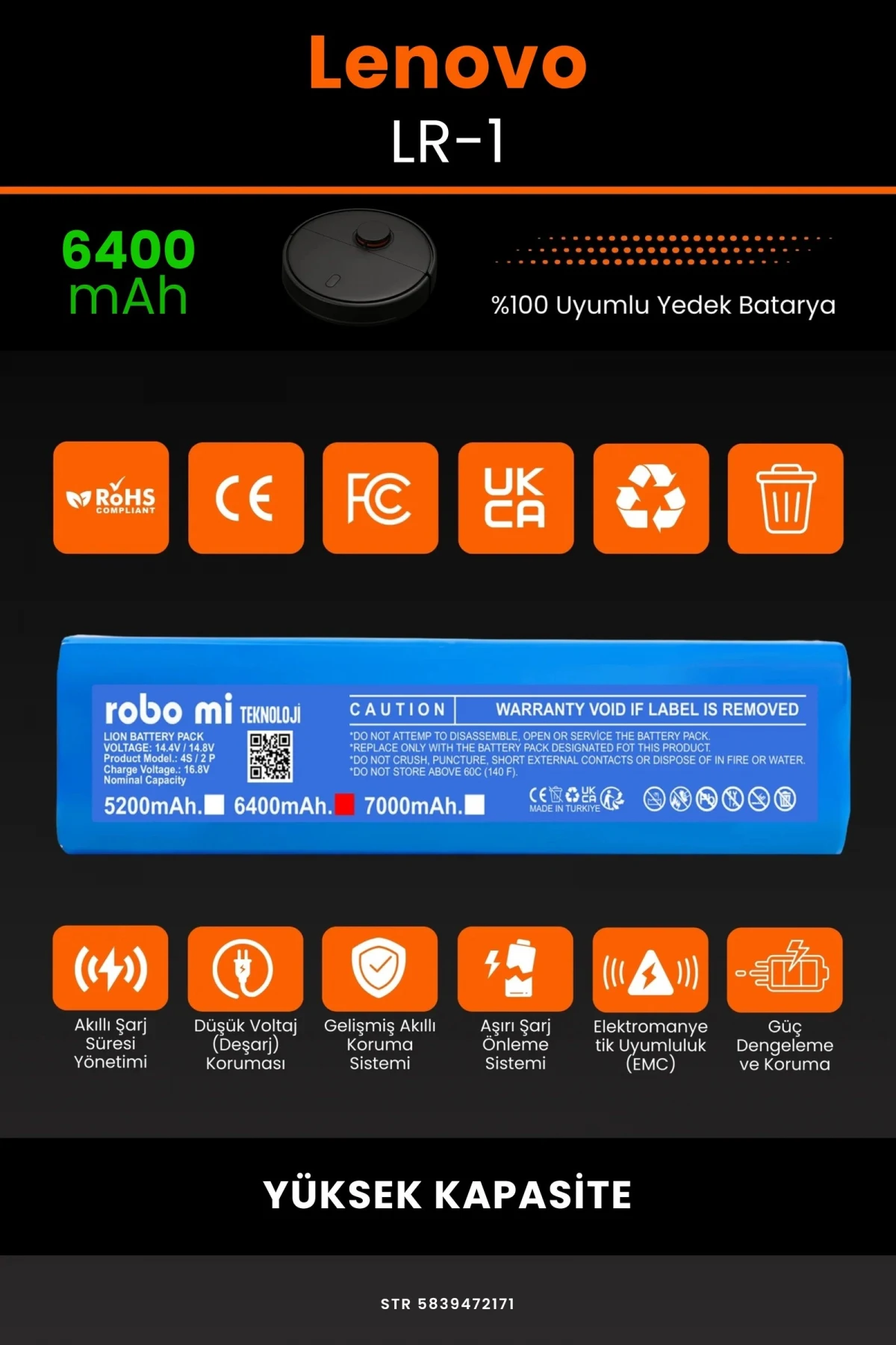 Lenovo LR-1 6400mAh Robot Süpürge Bataryası - Gerçek Kapasite, Maksimum Güvenlik