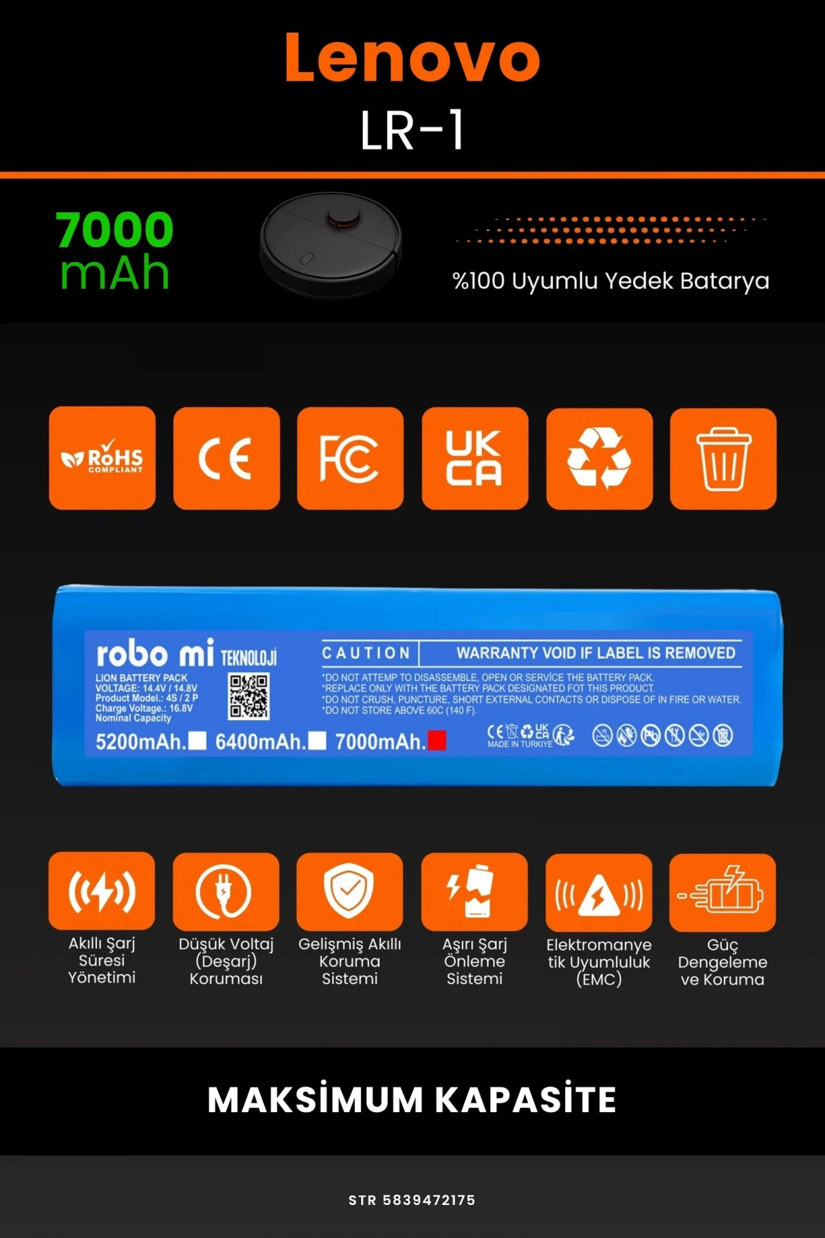 Lenovo LR-1 7000mAh Robot Süpürge Bataryası - Gerçek Kapasite, Maksimum Güvenlik