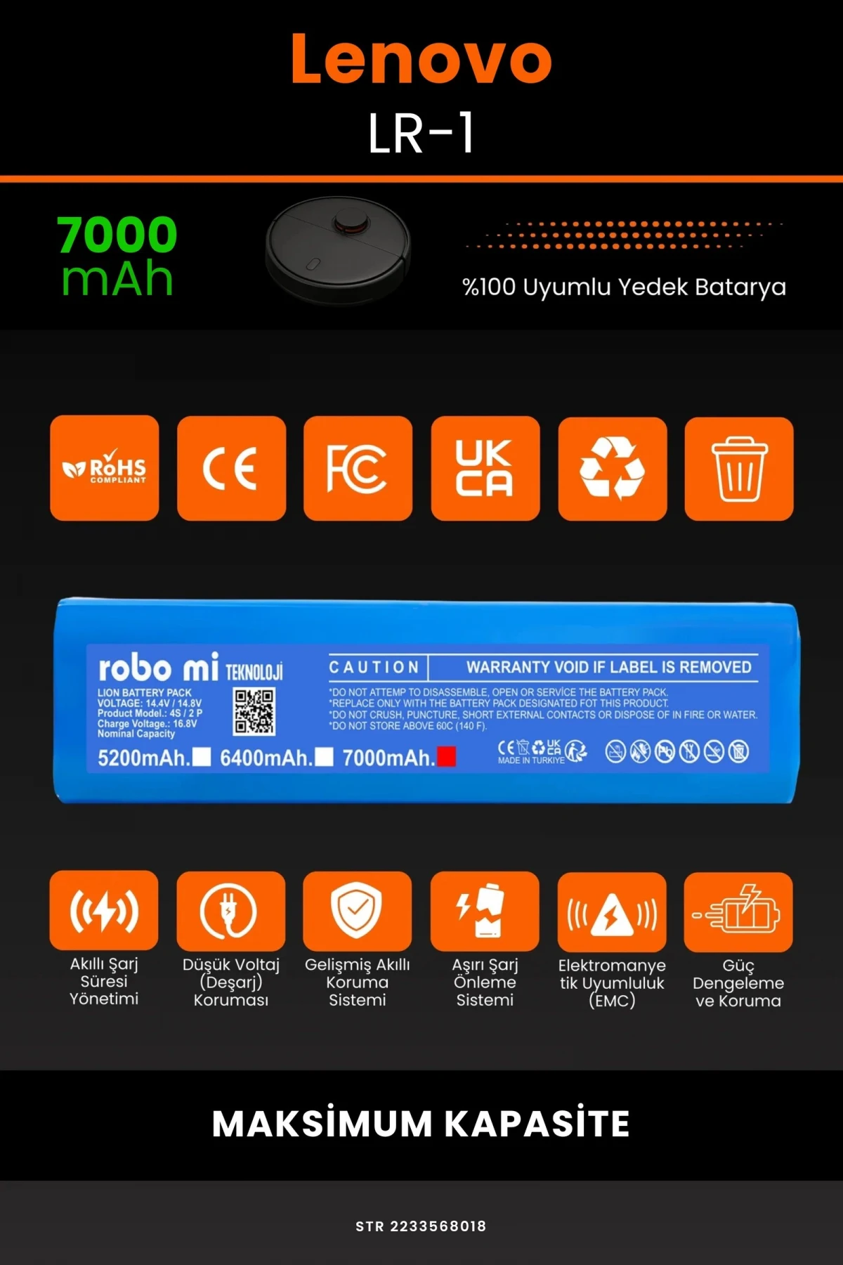 Lenovo LR-1 7000mAh Robot Süpürge Bataryası - Gerçek Kapasite, Maksimum Güvenlik