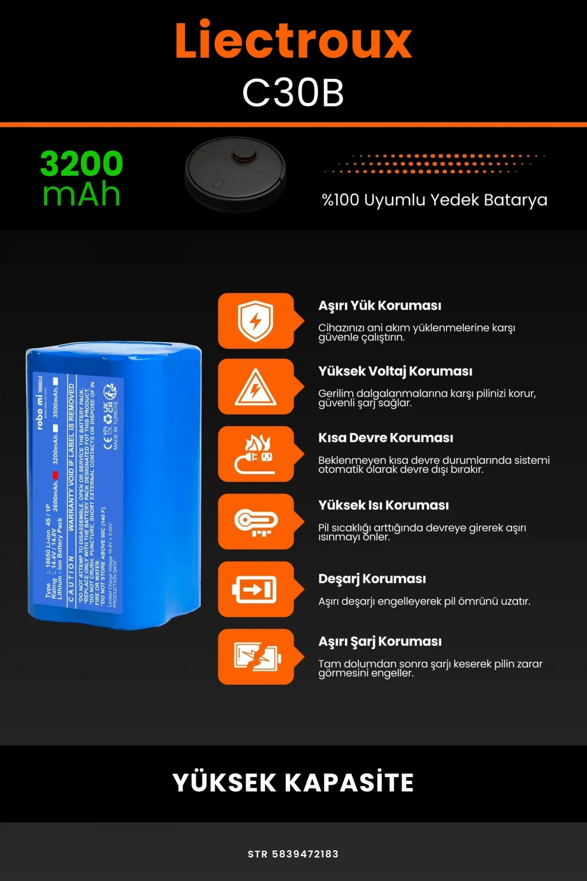 Liectroux C30B 3200mAh Robot Süpürge Bataryası - Gerçek Kapasite, Maksimum Güvenlik