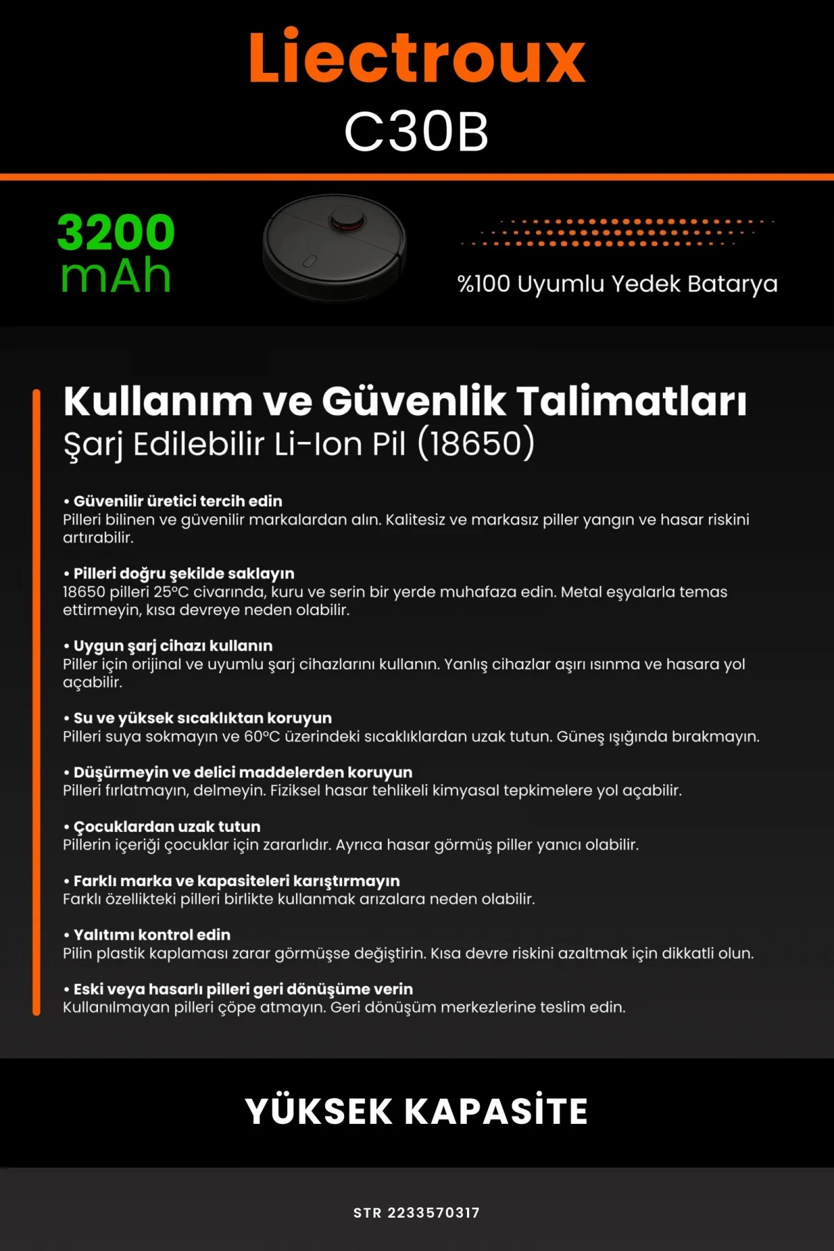 Liectroux C30B 3200mAh Robot Süpürge Bataryası - Gerçek Kapasite, Maksimum Güvenlik