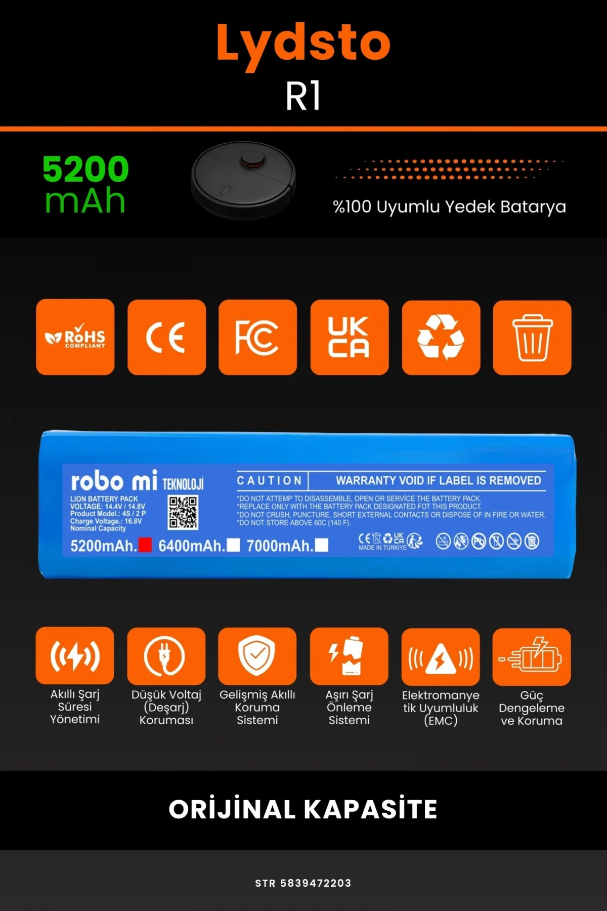 Lydsto R1 5200mAh Robot Süpürge Bataryası - Gerçek Kapasite, Maksimum Güvenlik