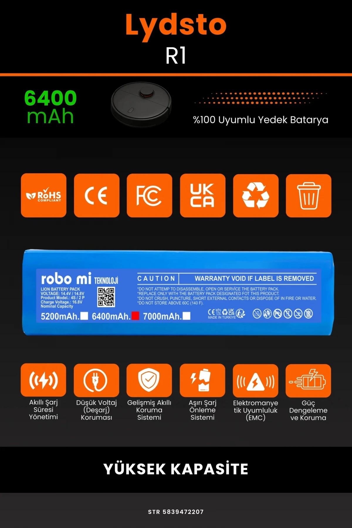 Lydsto R1 6400mAh Robot Süpürge Bataryası - Gerçek Kapasite, Maksimum Güvenlik