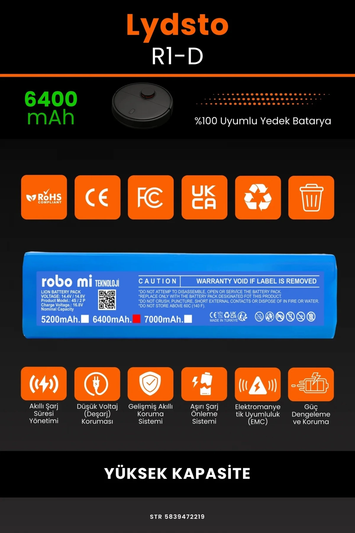 Lydsto R1-D 6400mAh Robot Süpürge Bataryası - Gerçek Kapasite, Maksimum Güvenlik