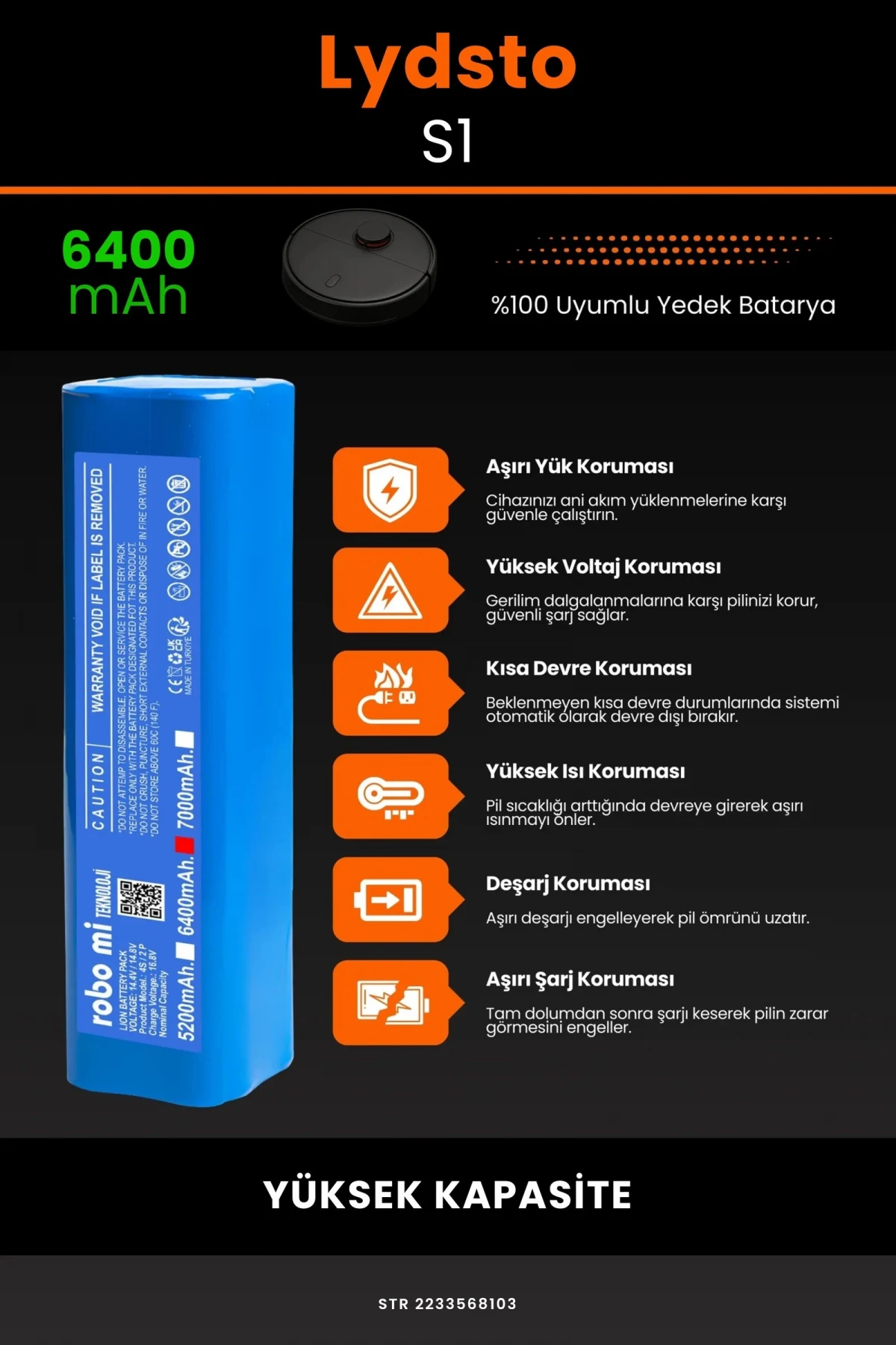 Lydsto S1 6400mAh Robot Süpürge Bataryası - Gerçek Kapasite, Maksimum Güvenlik