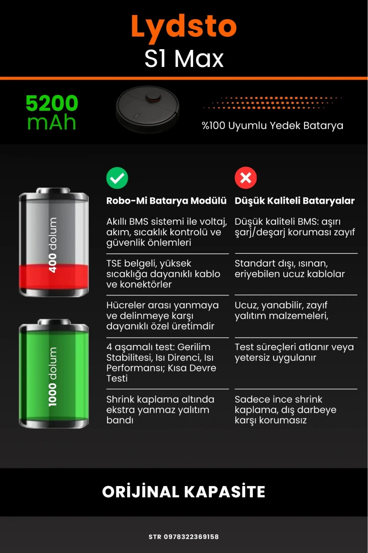 Lydsto S1 Max Uyumlu 5200mAh Robot Süpürge Bataryası - Orijinal Kapasite