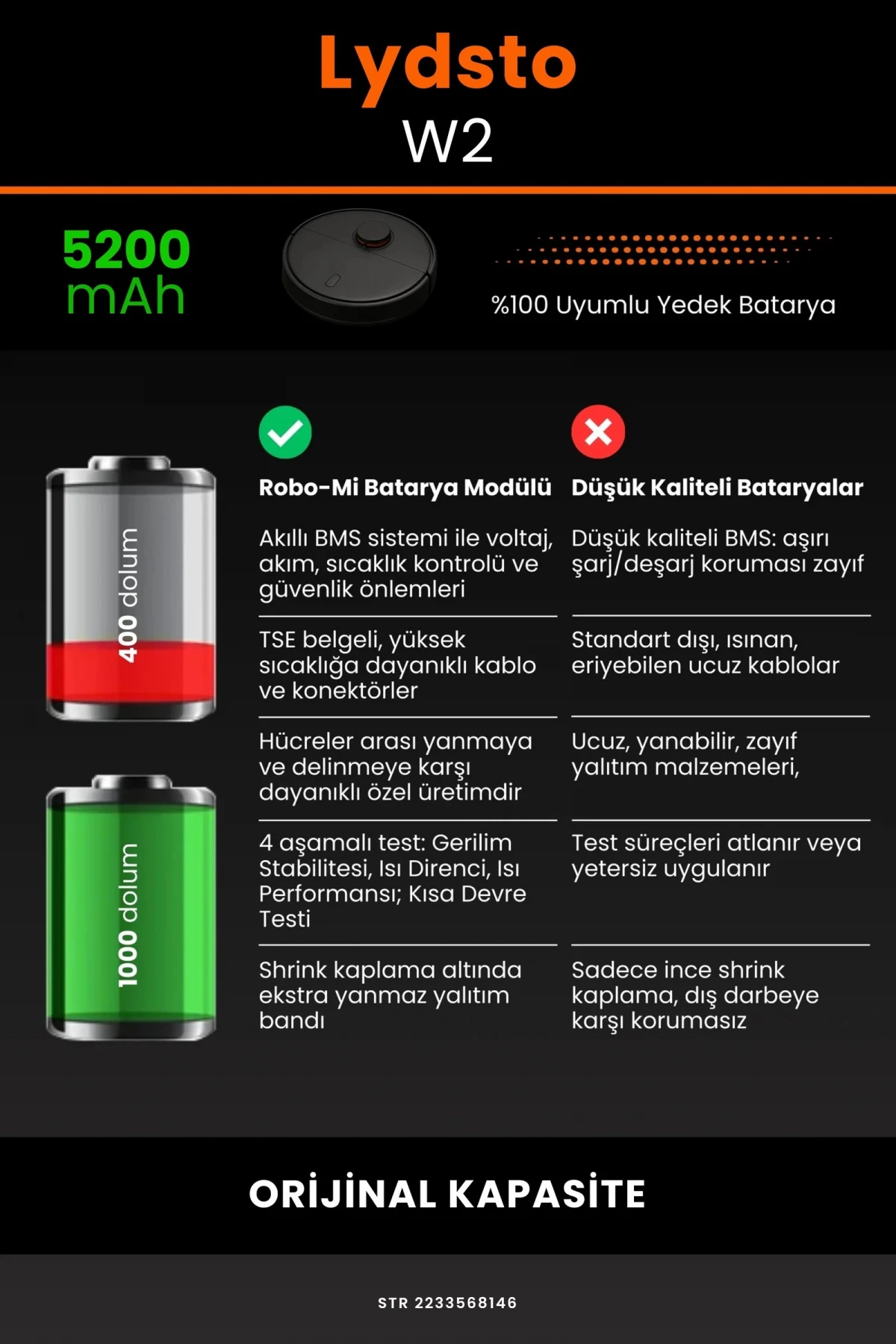 Lydsto W2 5200mAh Robot Süpürge Bataryası - Gerçek Kapasite, Maksimum Güvenlik