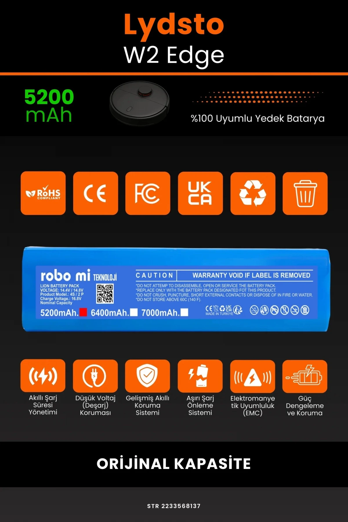 Lydsto W2 Edge 5200mAh Robot Süpürge Bataryası - Gerçek Kapasite, Maksimum Güvenlik