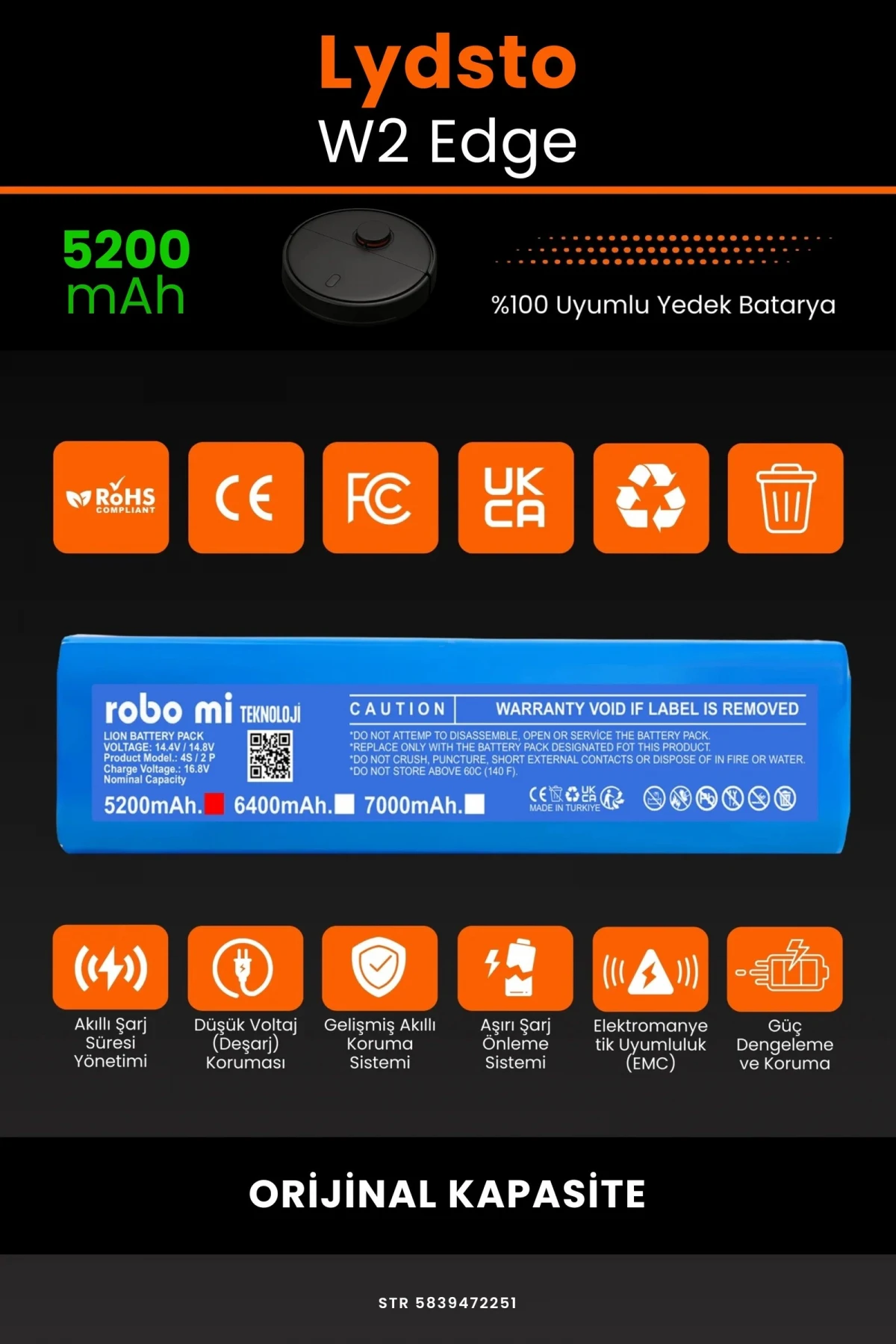 Lydsto W2 Edge 5200mAh Robot Süpürge Bataryası - Gerçek Kapasite, Maksimum Güvenlik