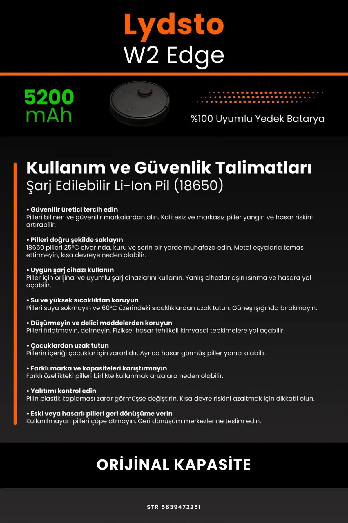 Lydsto W2 Edge 5200mAh Robot Süpürge Bataryası - Gerçek Kapasite, Maksimum Güvenlik