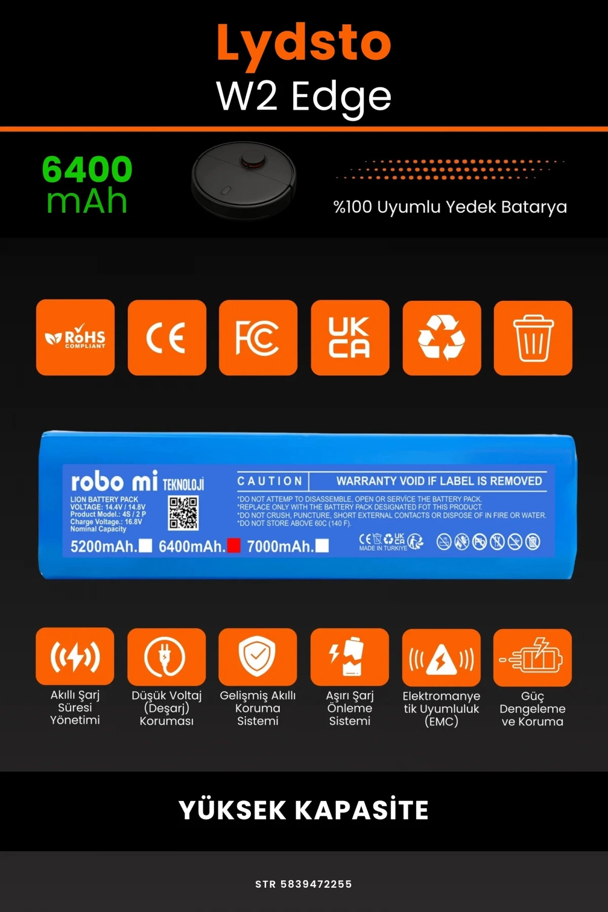 Lydsto W2 Edge 6400mAh Robot Süpürge Bataryası - Gerçek Kapasite, Maksimum Güvenlik