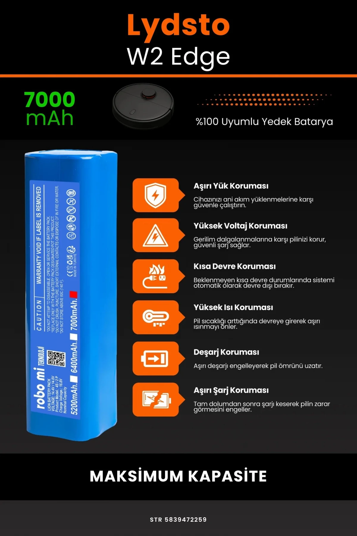 Lydsto W2 Edge 7000mAh Robot Süpürge Bataryası - Gerçek Kapasite, Maksimum Güvenlik