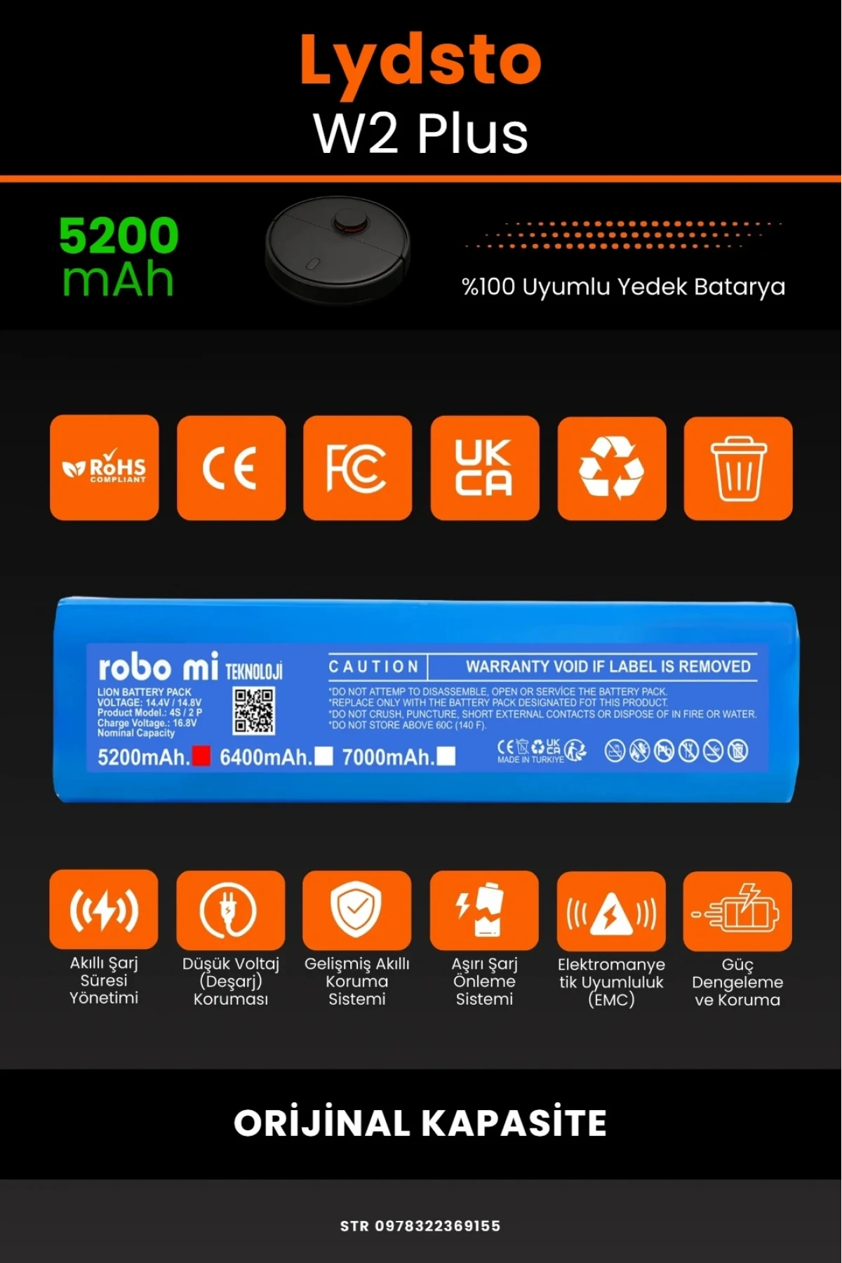 Lydsto W2 Plus Uyumlu 5200mAh Robot Süpürge Bataryası - Orijinal Kapasite