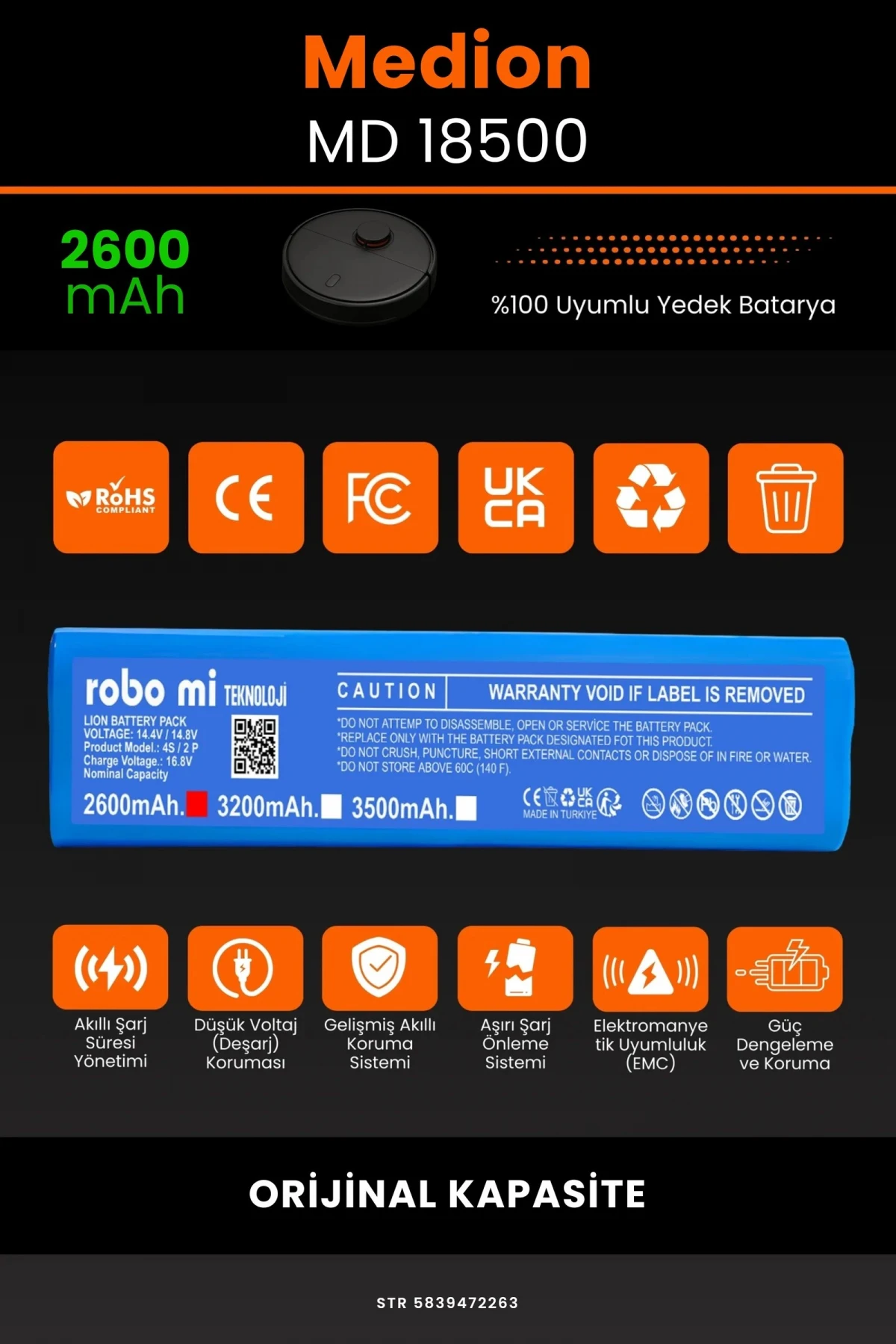 Medion MD 18500 2600mAh Robot Süpürge Bataryası - Gerçek Kapasite, Maksimum Güvenlik