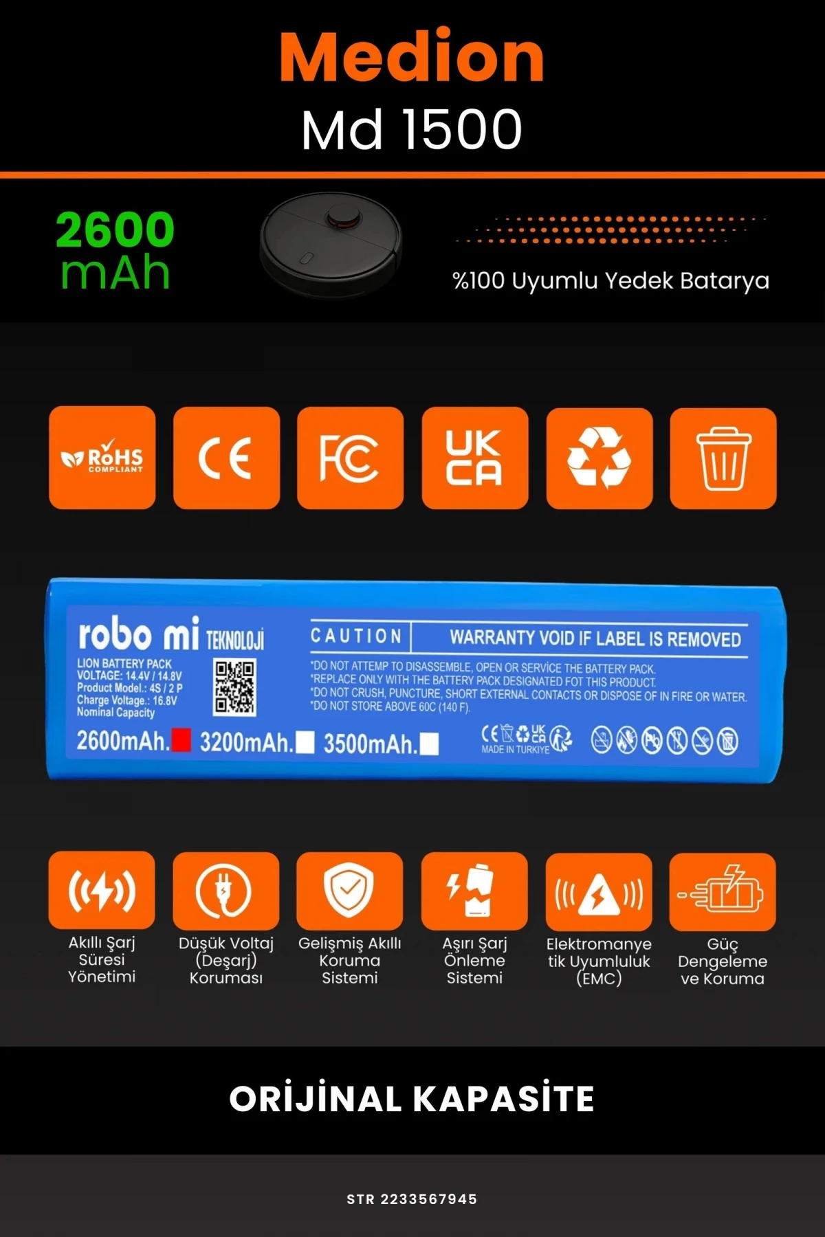 Medion MD 18500 2600mAh Robot Süpürge Bataryası - Gerçek Kapasite, Maksimum Güvenlik