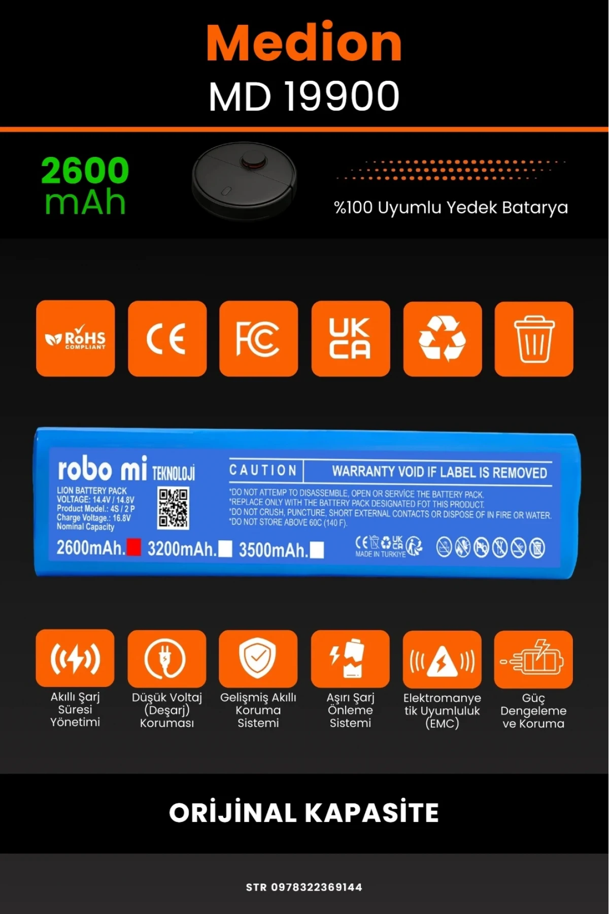 Medion MD 19900 Uyumlu 2600mAh Robot Süpürge Bataryası - Orijinal Kapasite
