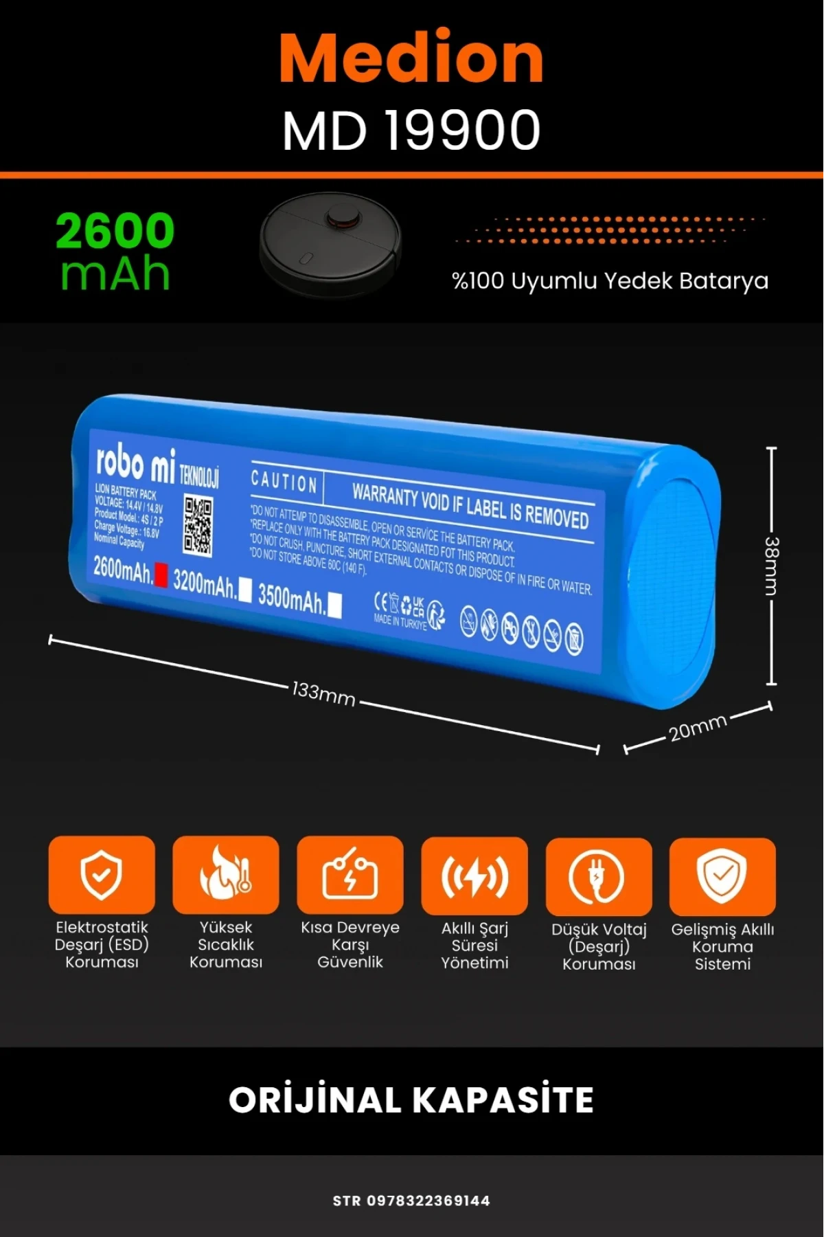 Medion MD 19900 Uyumlu 2600mAh Robot Süpürge Bataryası - Orijinal Kapasite