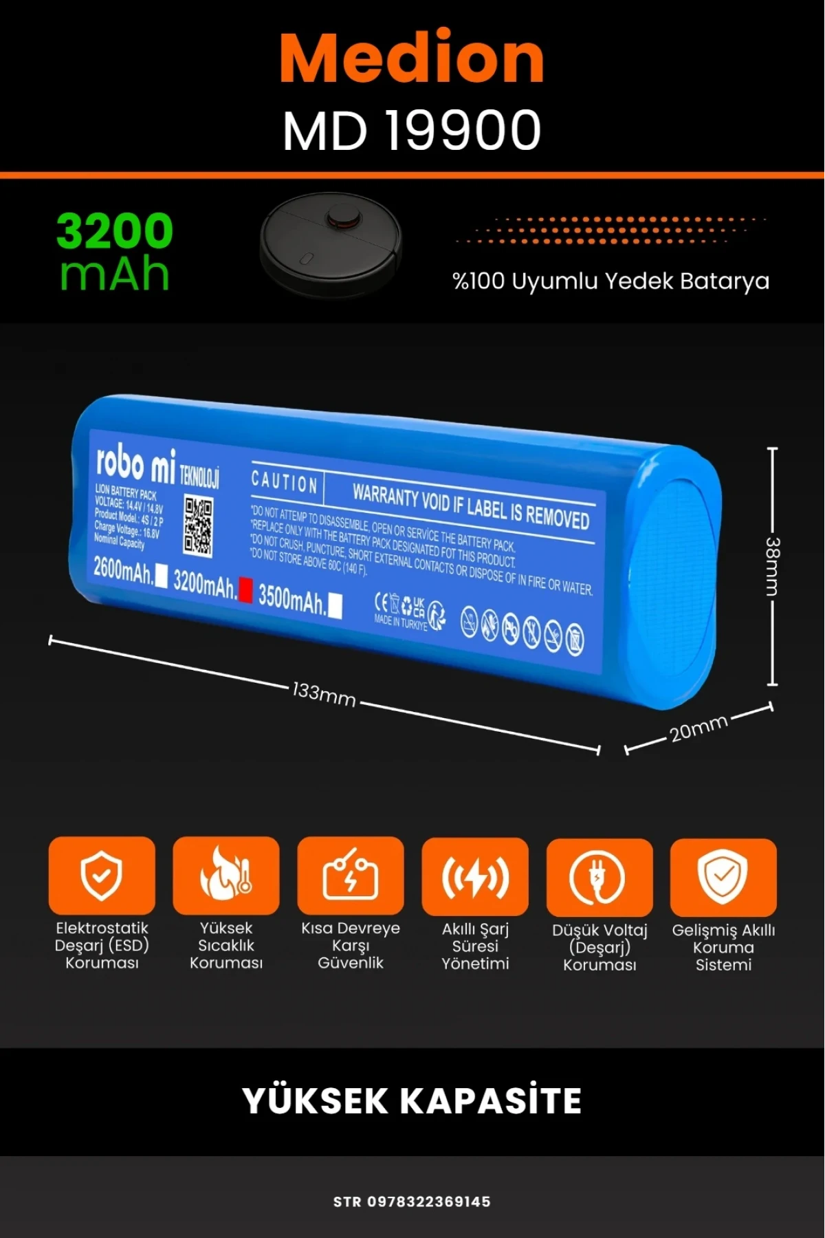 Medion MD 19900 Uyumlu 3200mAh Robot Süpürge Bataryası - Yüksek Kapasite