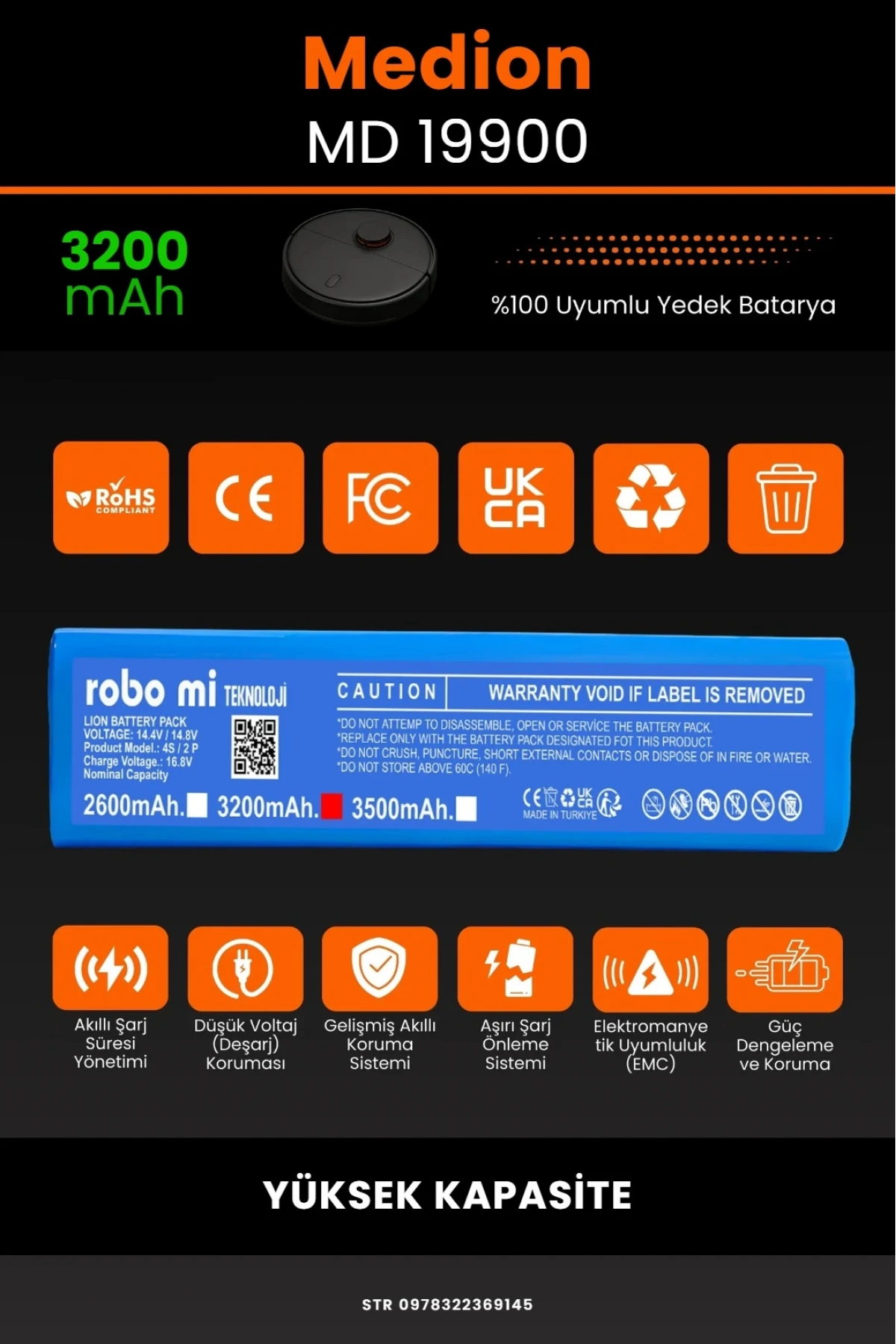 Medion MD 19900 Uyumlu 3200mAh Robot Süpürge Bataryası - Yüksek Kapasite