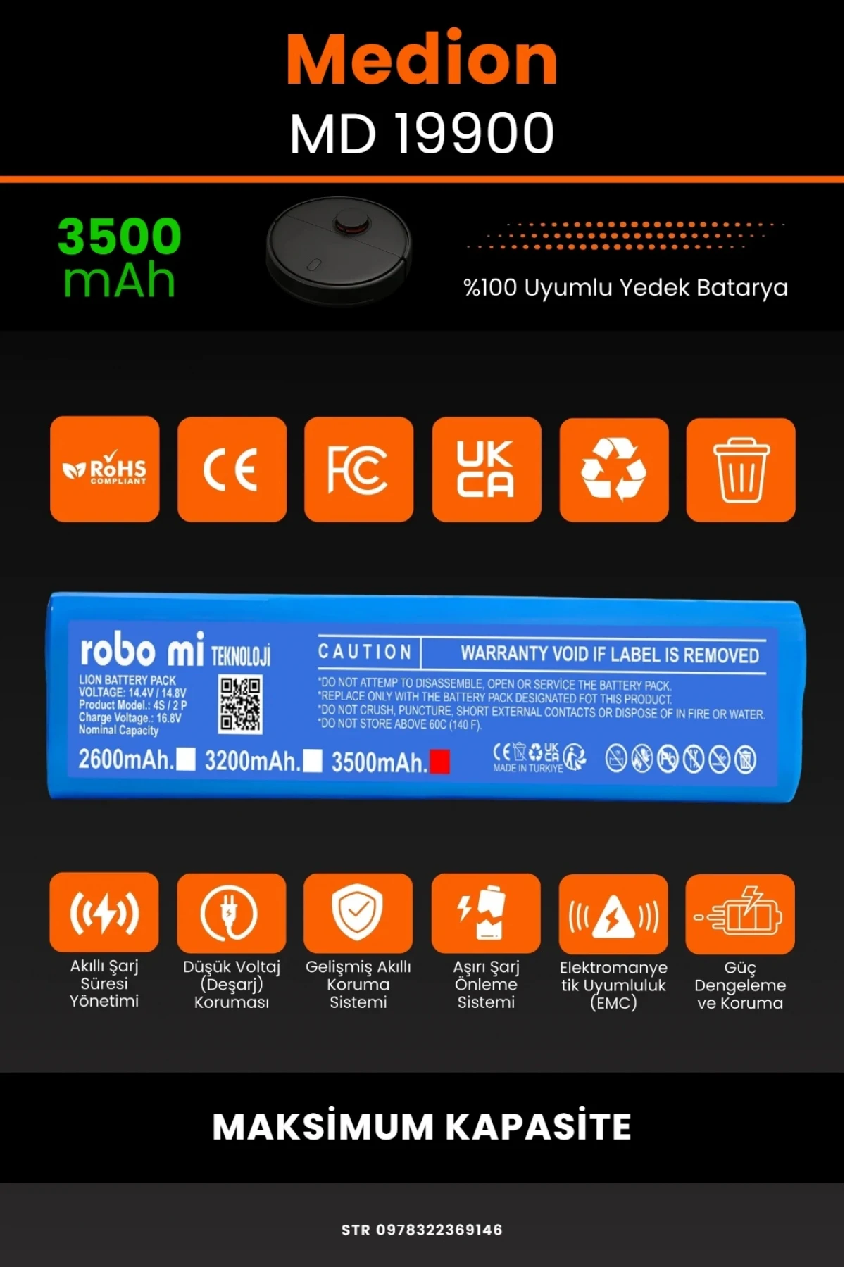 Medion MD 19900 Uyumlu 3500mAh Robot Süpürge Bataryası - Maksimum Kapasite