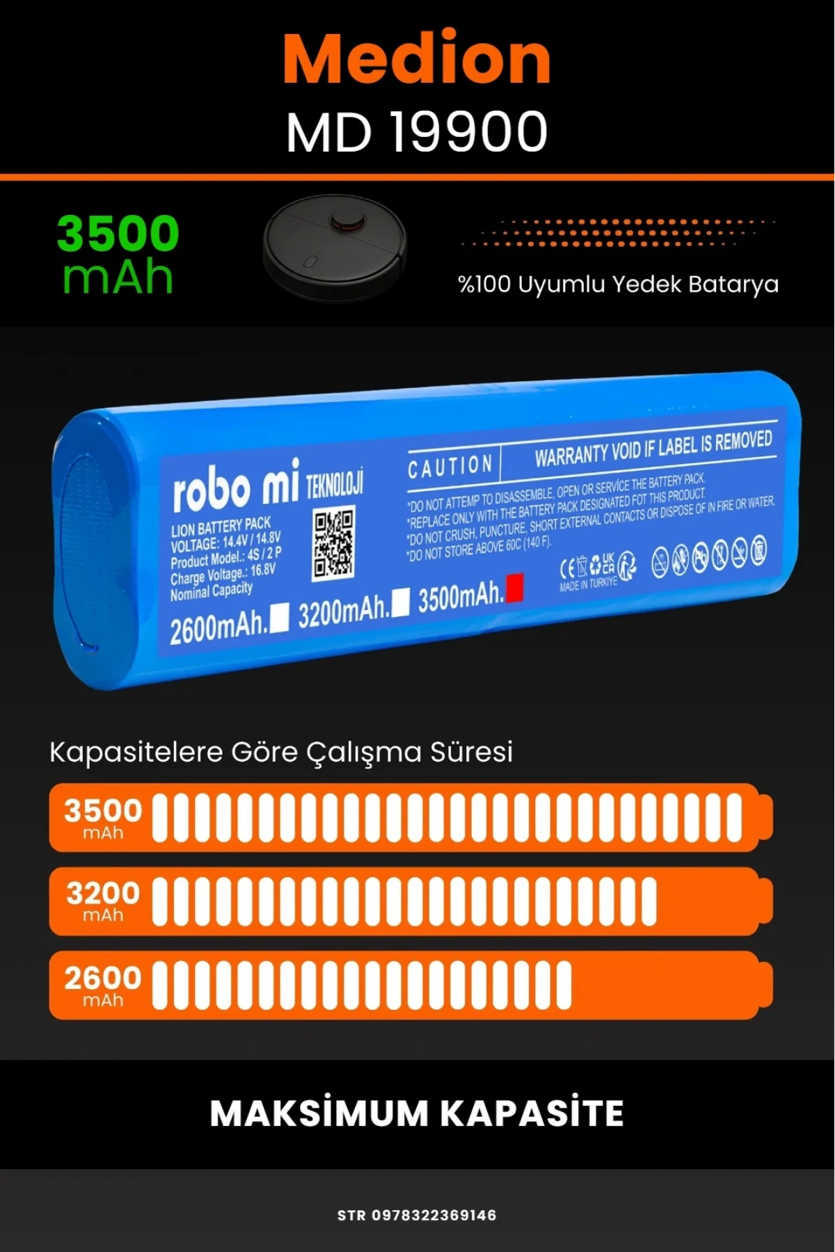 Medion MD 19900 Uyumlu 3500mAh Robot Süpürge Bataryası - Maksimum Kapasite