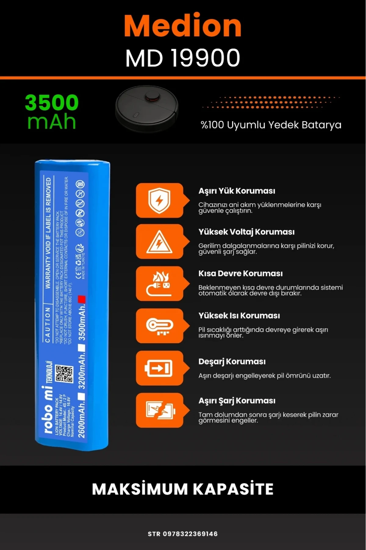 Medion MD 19900 Uyumlu 3500mAh Robot Süpürge Bataryası - Maksimum Kapasite