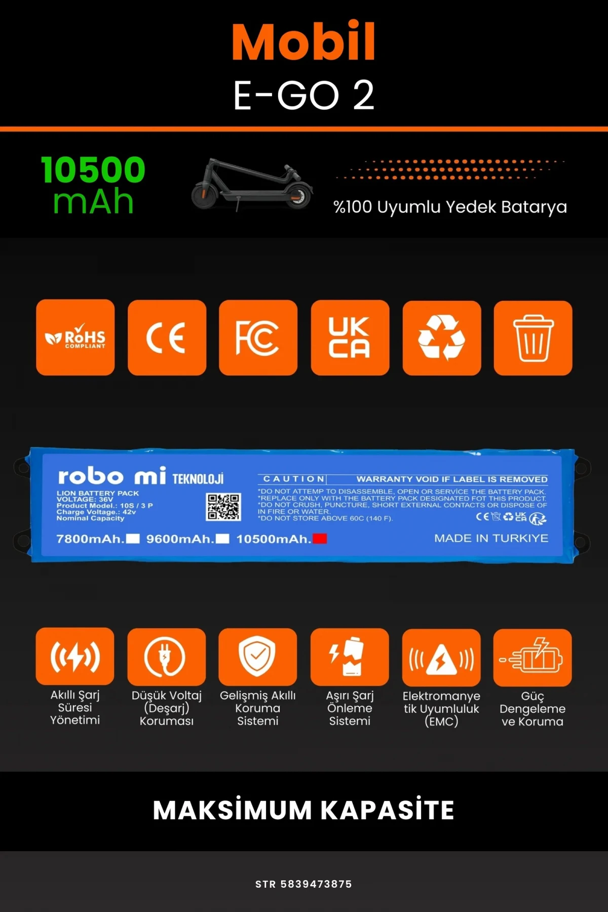 Mobil Urban E-GO 2 / 36V 10500mAh Elektrikli Scooter Bataryası - Gerçek Kapasite, Maksimum Güvenlik