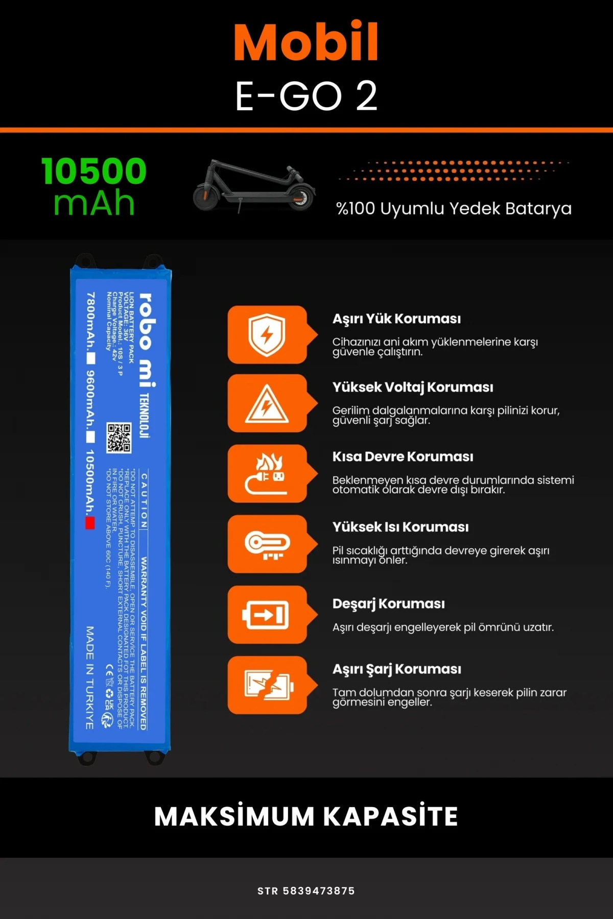 Mobil Urban E-GO 2 / 36V 10500mAh Elektrikli Scooter Bataryası - Gerçek Kapasite, Maksimum Güvenlik