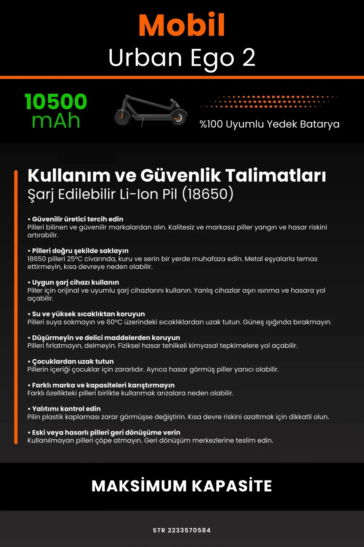 Mobil Urban E-GO 2 / 36V 10500mAh Elektrikli Scooter Bataryası - Gerçek Kapasite, Maksimum Güvenlik
