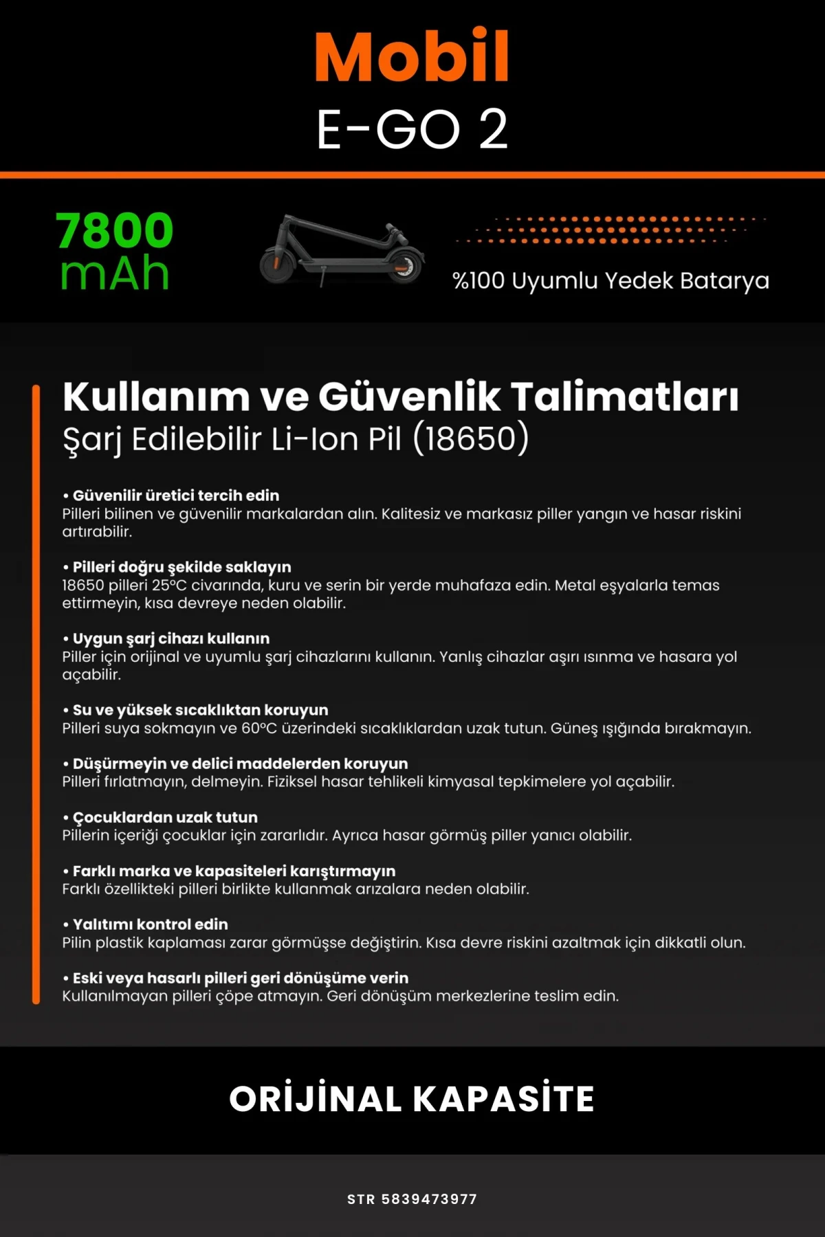 Mobil Urban E-GO 2 / 36V 7800mAh Elektrikli Scooter Bataryası - Gerçek Kapasite, Maksimum Güvenlik