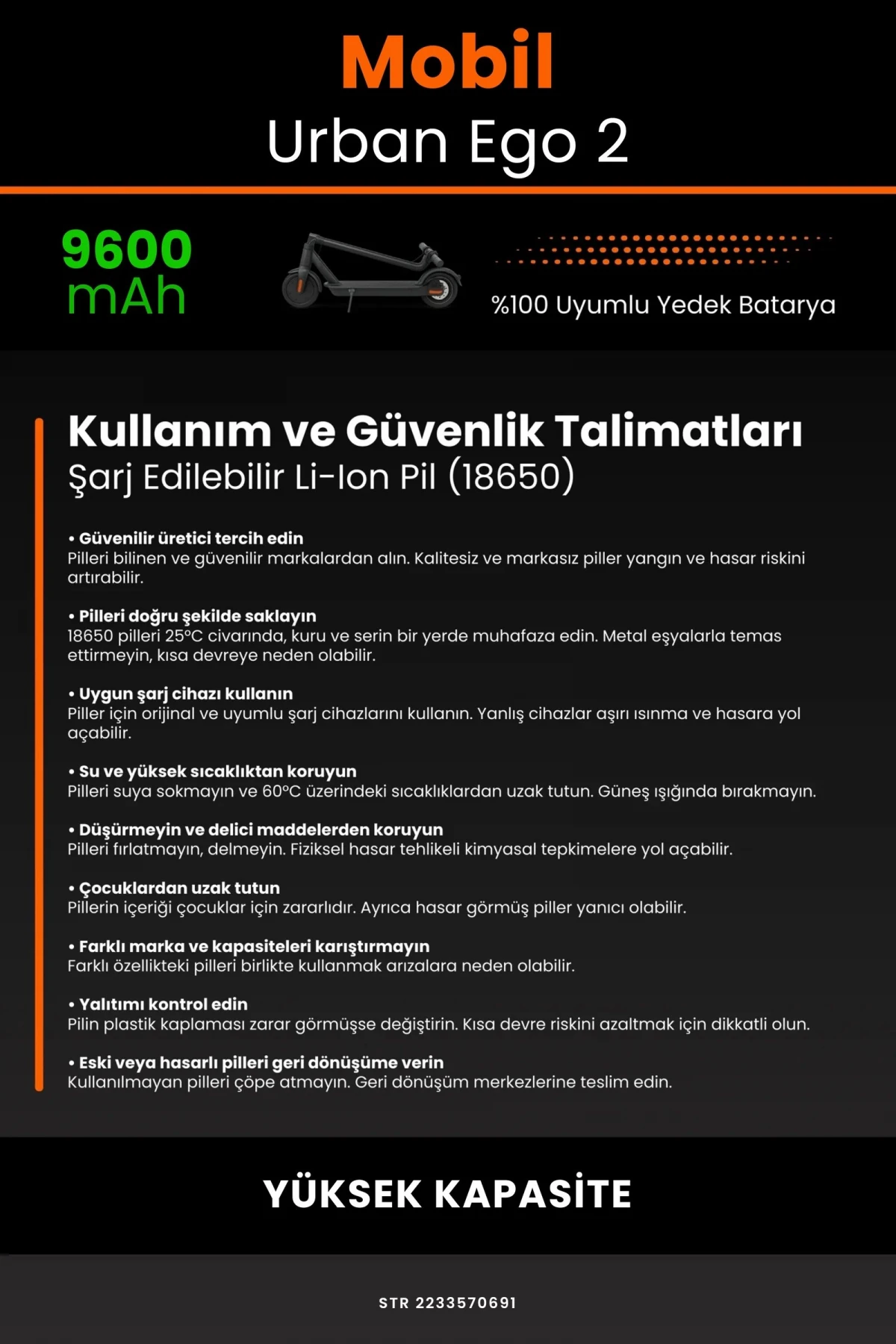 Mobil Urban E-GO 2 / 36V 9600mAh Elektrikli Scooter Bataryası - Gerçek Kapasite, Maksimum Güvenlik