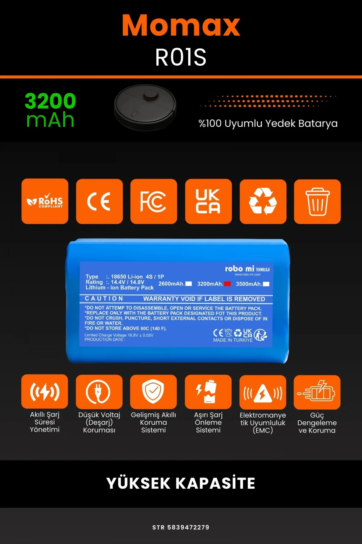 Momax R01S 3200mAh Robot Süpürge Bataryası - Gerçek Kapasite, Maksimum Güvenlik