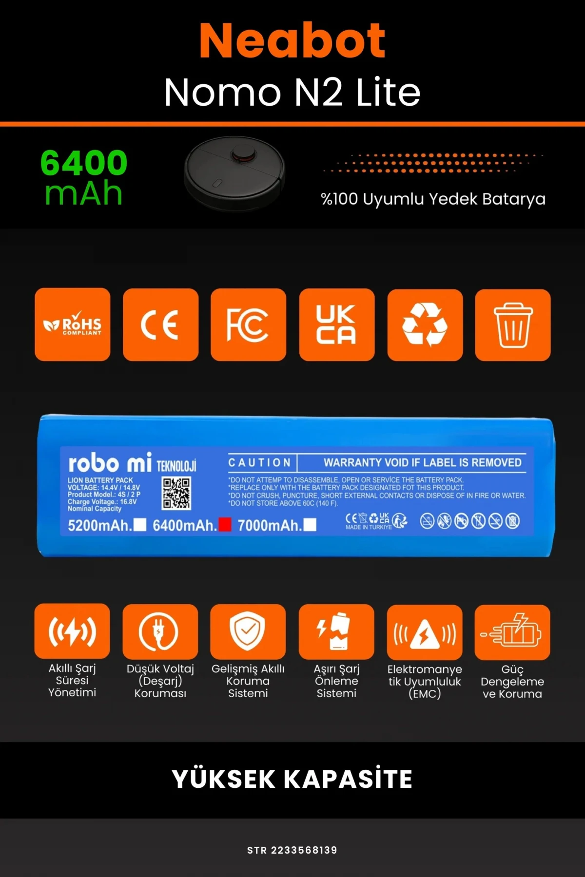 Neabot Nomo N2 Lite 6400mAh Robot Süpürge Bataryası - Gerçek Kapasite, Maksimum Güvenlik