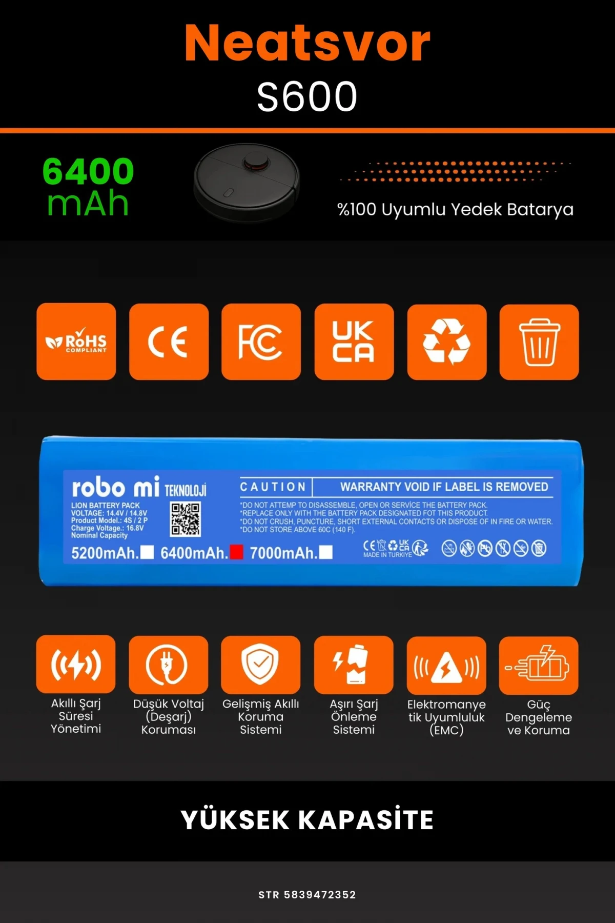 Neatsvor S600 6400mAh Robot Süpürge Bataryası - Gerçek Kapasite, Maksimum Güvenlik