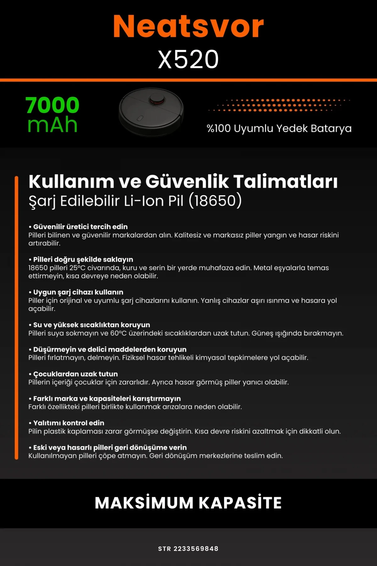 Neatsvor X520 7000mAh Robot Süpürge Bataryası - Gerçek Kapasite, Maksimum Güvenlik