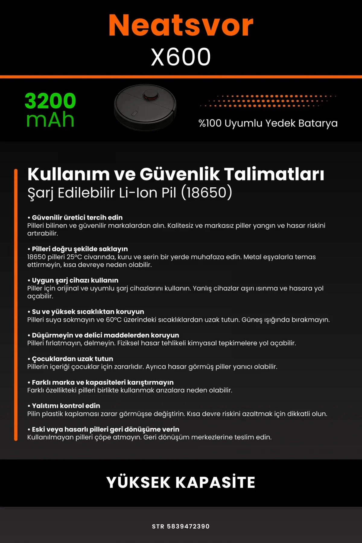 Neatsvor X600 3200mAh Robot Süpürge Bataryası - Gerçek Kapasite, Maksimum Güvenlik