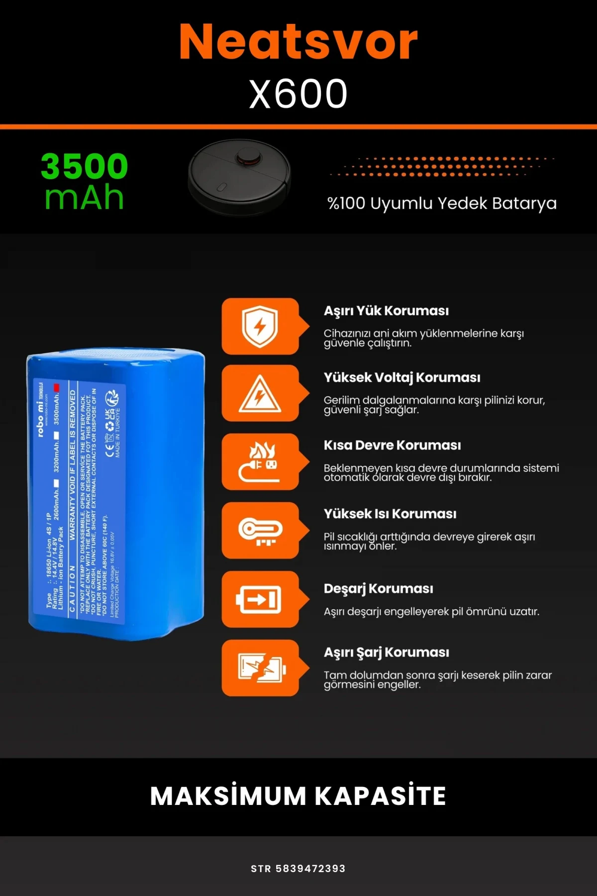 Neatsvor X600 3500mAh Robot Süpürge Bataryası - Gerçek Kapasite, Maksimum Güvenlik