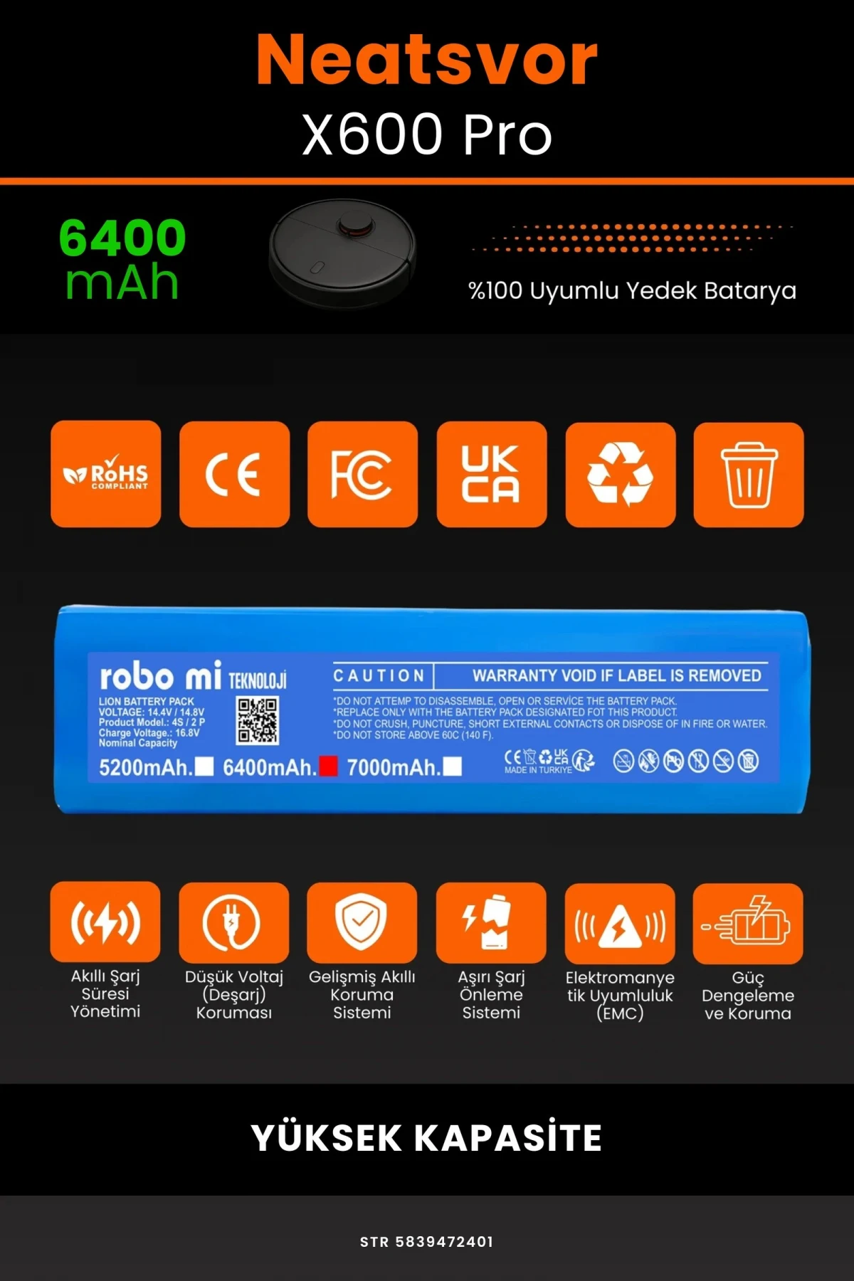 Neatsvor X600 Pro 6400mAh Robot Süpürge Bataryası - Gerçek Kapasite, Maksimum Güvenlik