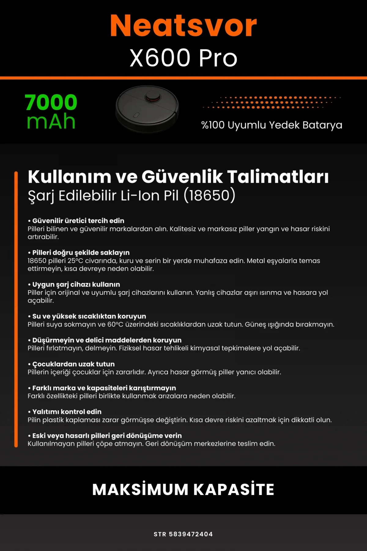Neatsvor X600 Pro 7000mAh Robot Süpürge Bataryası - Gerçek Kapasite, Maksimum Güvenlik